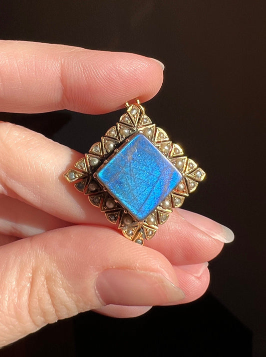 My Favorite LABRADORITE Antique Glowing Blue Pendant Square Diamond Shape Set with Pearls 10k Gold Solid Triangular Pie Starburst Bezels