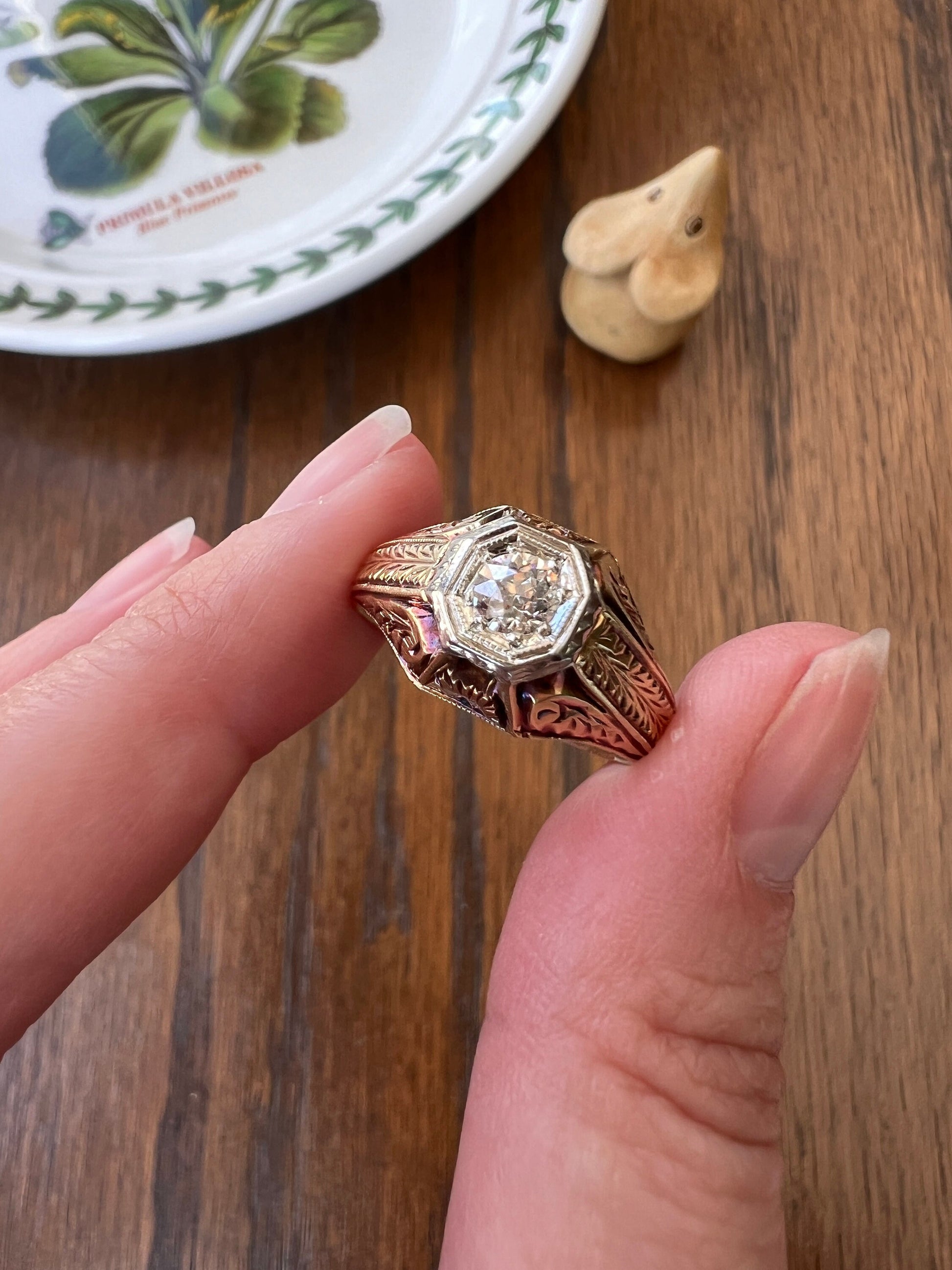 Feather DATED 1923 Engraved GYPSY Ring .37 Carat Old European Cut DIAMOND Ring Tall Geometric Antique 14k 18k Gold Tall Stacker Gift OeC Man