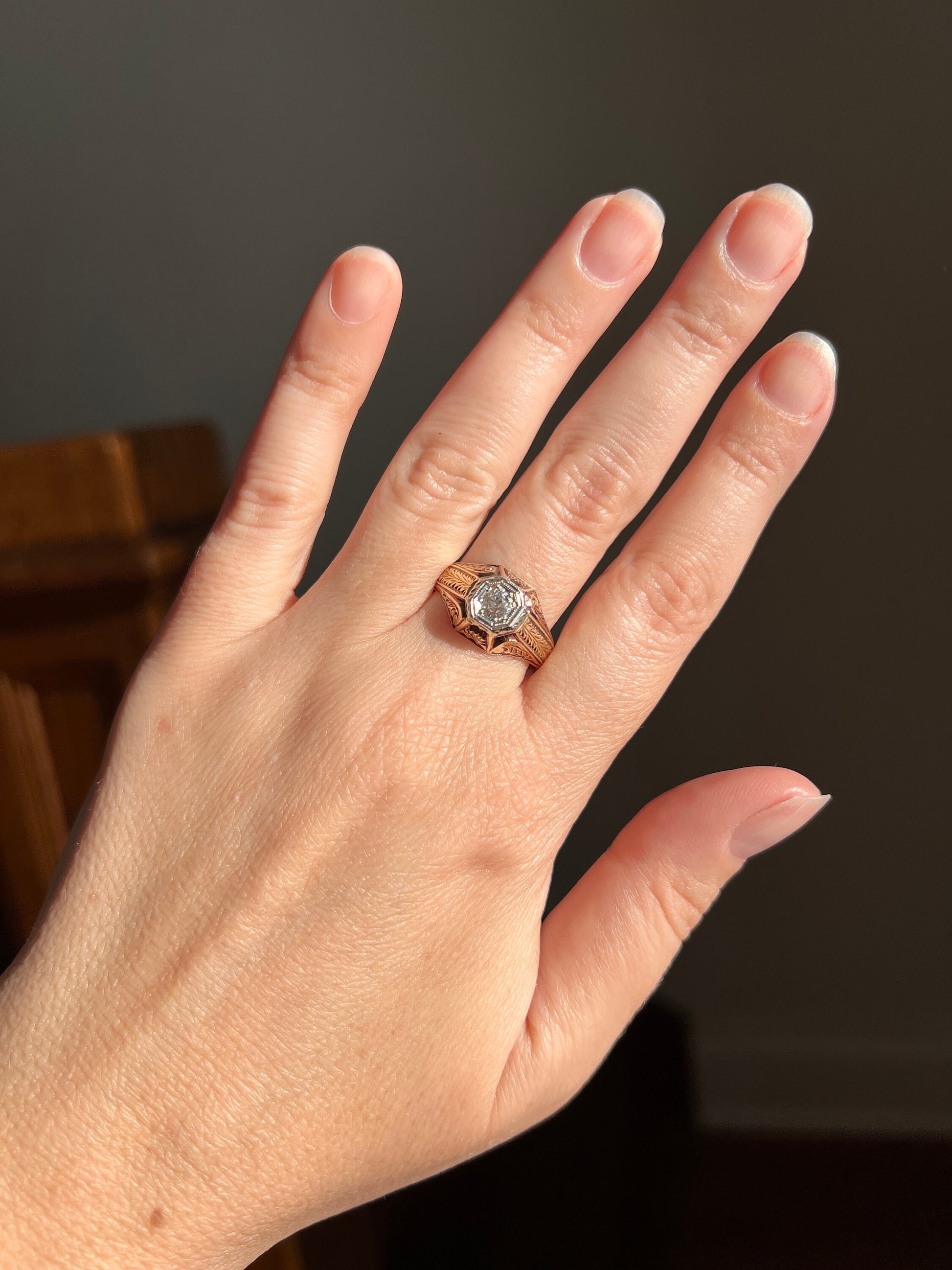 Feather DATED 1923 Engraved GYPSY Ring .37 Carat Old European Cut DIAMOND Ring Tall Geometric Antique 14k 18k Gold Tall Stacker Gift OeC Man