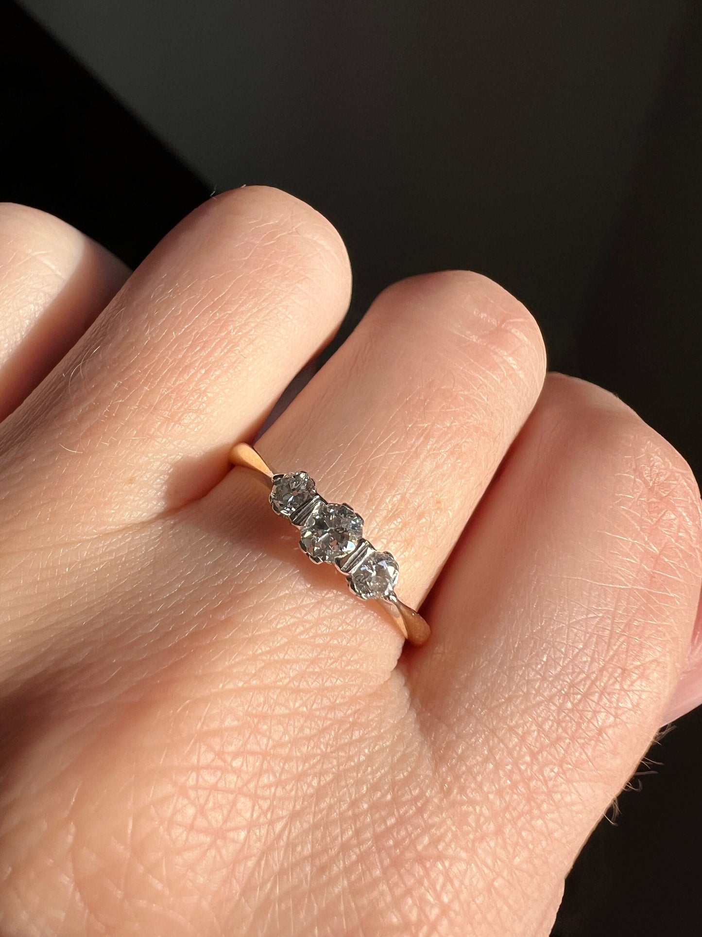 Edwardian ANTIQUE 3 Stone Ring Old Mine Cut DIAMOND 18k Gold Linear Stacker Band Romantic Gift OmC Dainty