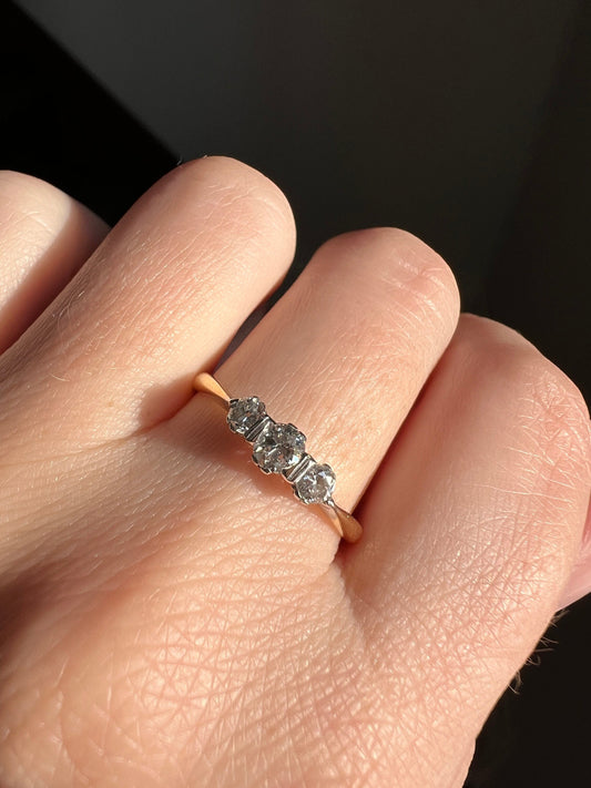 Edwardian ANTIQUE 3 Stone Ring Old Mine Cut DIAMOND 18k Gold Linear Stacker Band Romantic Gift OmC Dainty