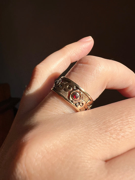 Antique Art NOUVEAU 14k Gold Garnet Floral Swirl Cigar Band Stacker Ring Romantic Gift Ornate Figural Eternity Pinky Wide