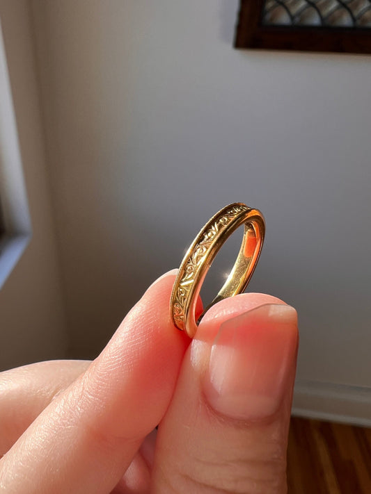 Sturdy 18k Gold Antique Band Wedding Ring with Channel Set Recessed Engraved Detail Romantic Gift Ornate Victorian Glowing Stacker Pinky