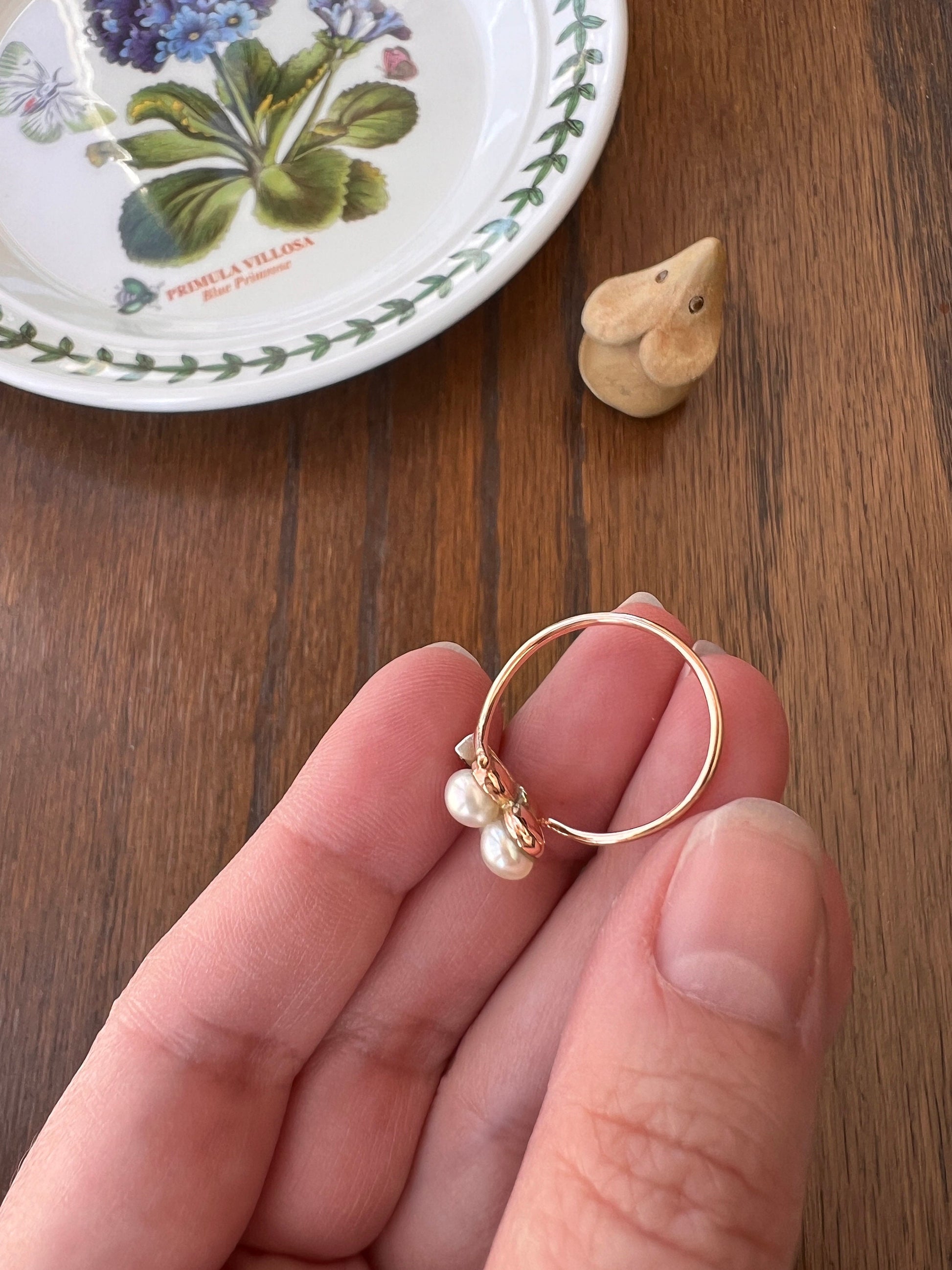 CLOVER French 18k Rose Gold Ring Three PEARL Rose Cut DIAMOND Victorian Figural Antique Good Luck Belle Epoque Lucky Gift Bypass Stacker