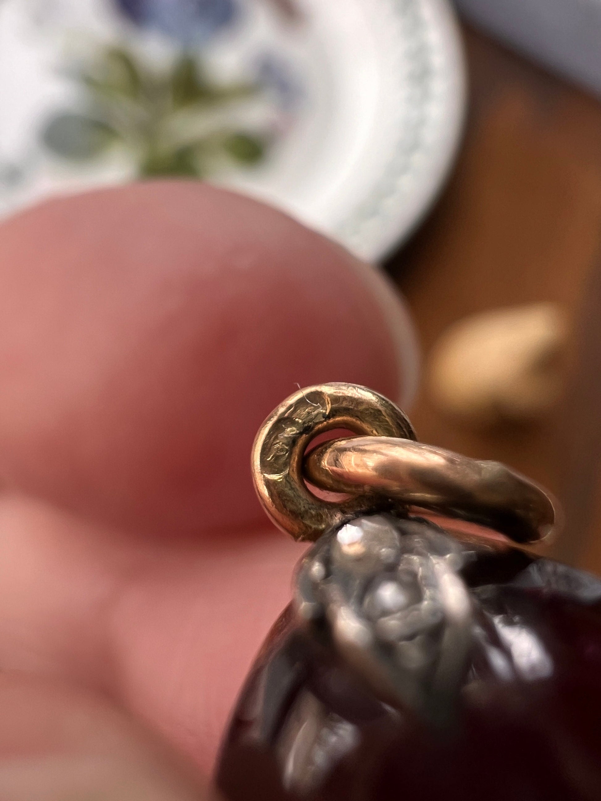 Large Juicy GARNET TEARDROP Pendant Rose Cut Diamond 18k Gold Vine Leaf Prongs French Antique Victorian Figural Pendant Glowing Glossy Rare