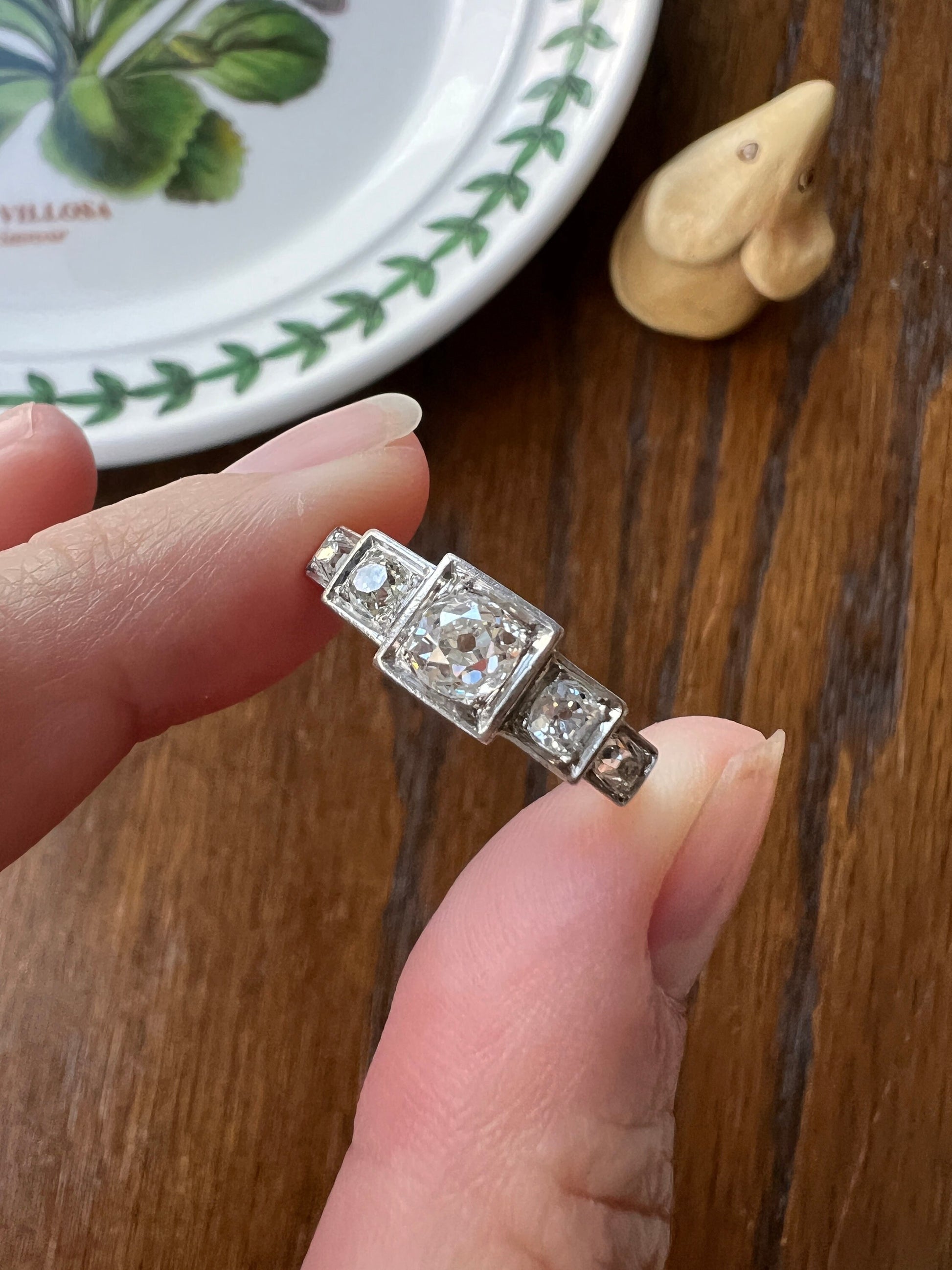 FIVE Stone .85 Carat Old Mine Cut DIAMOND Ring French ANTIQUE Stepped Squares 18k White Gold Stacker Art Deco Geometric Band Tall Splay