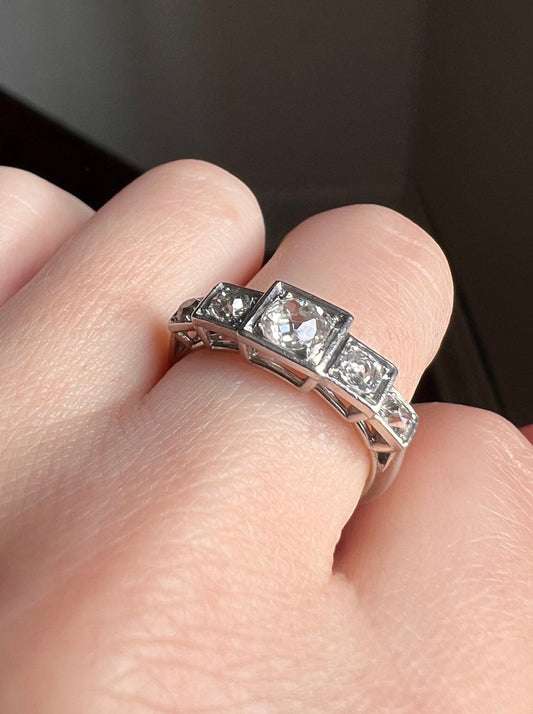 FIVE Stone .85 Carat Old Mine Cut DIAMOND Ring French ANTIQUE Stepped Squares 18k White Gold Stacker Art Deco Geometric Band Tall Splay