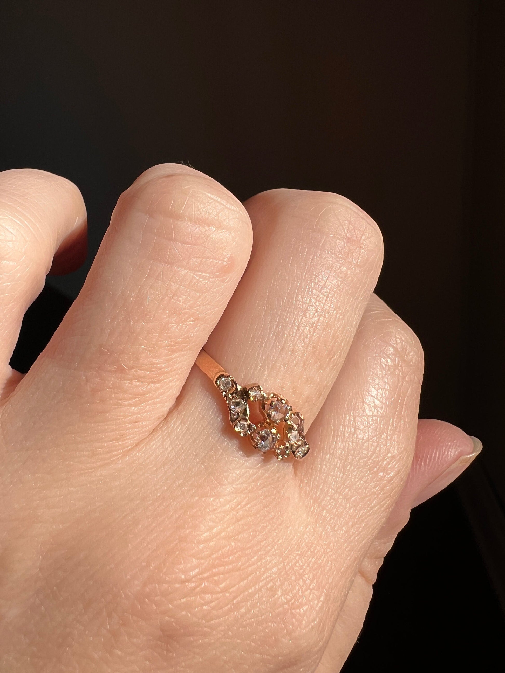 French Antique Rose Cut DIAMOND Ring 18k Rose Gold Bypass Band Swirled Stacker Romantic Gift Minimalist Sparkle Toi et Moi Love