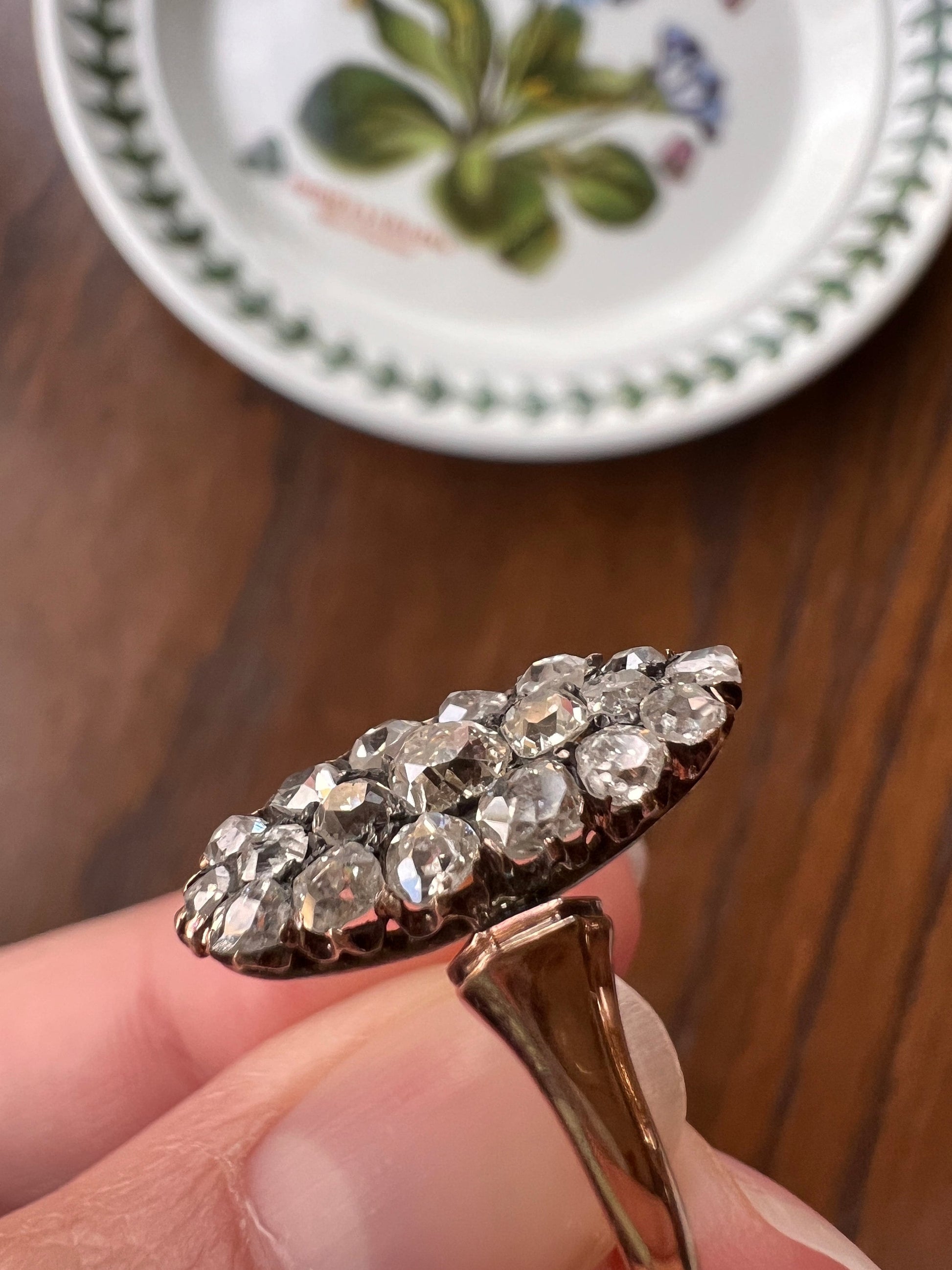 French ANTIQUE 1 Carat 19 Rose Old Mine Cut DIAMOND Pave Cluster Ring 18k Gold Belle Epoque Romantic Gift OmC Victorian Oval Navette