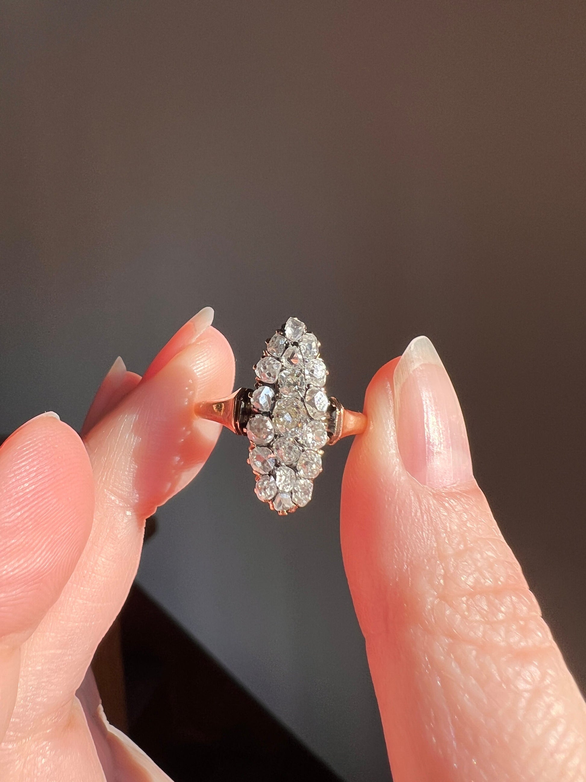 French ANTIQUE 1 Carat 19 Rose Old Mine Cut DIAMOND Pave Cluster Ring 18k Gold Belle Epoque Romantic Gift OmC Victorian Oval Navette