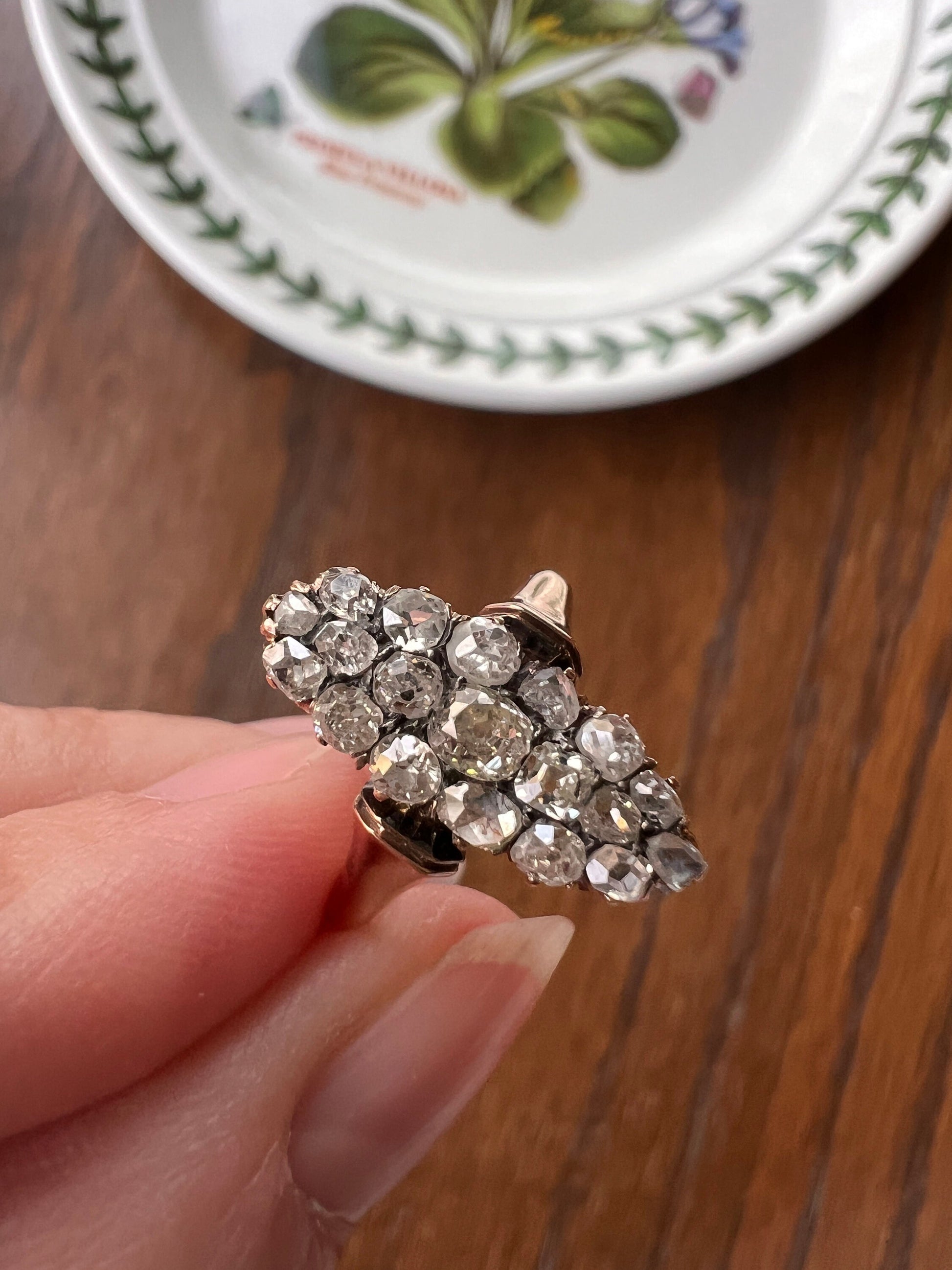 French ANTIQUE 1 Carat 19 Rose Old Mine Cut DIAMOND Pave Cluster Ring 18k Gold Belle Epoque Romantic Gift OmC Victorian Oval Navette