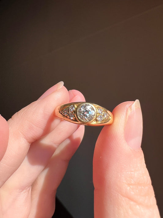 Vintage .6 Ctw Seven Stone .45 Carat Center Old Mine Cut Brilliant DIAMOND French Gypsy Band Ring Chunky Stacker 18k Gold Romantic Gift OmC