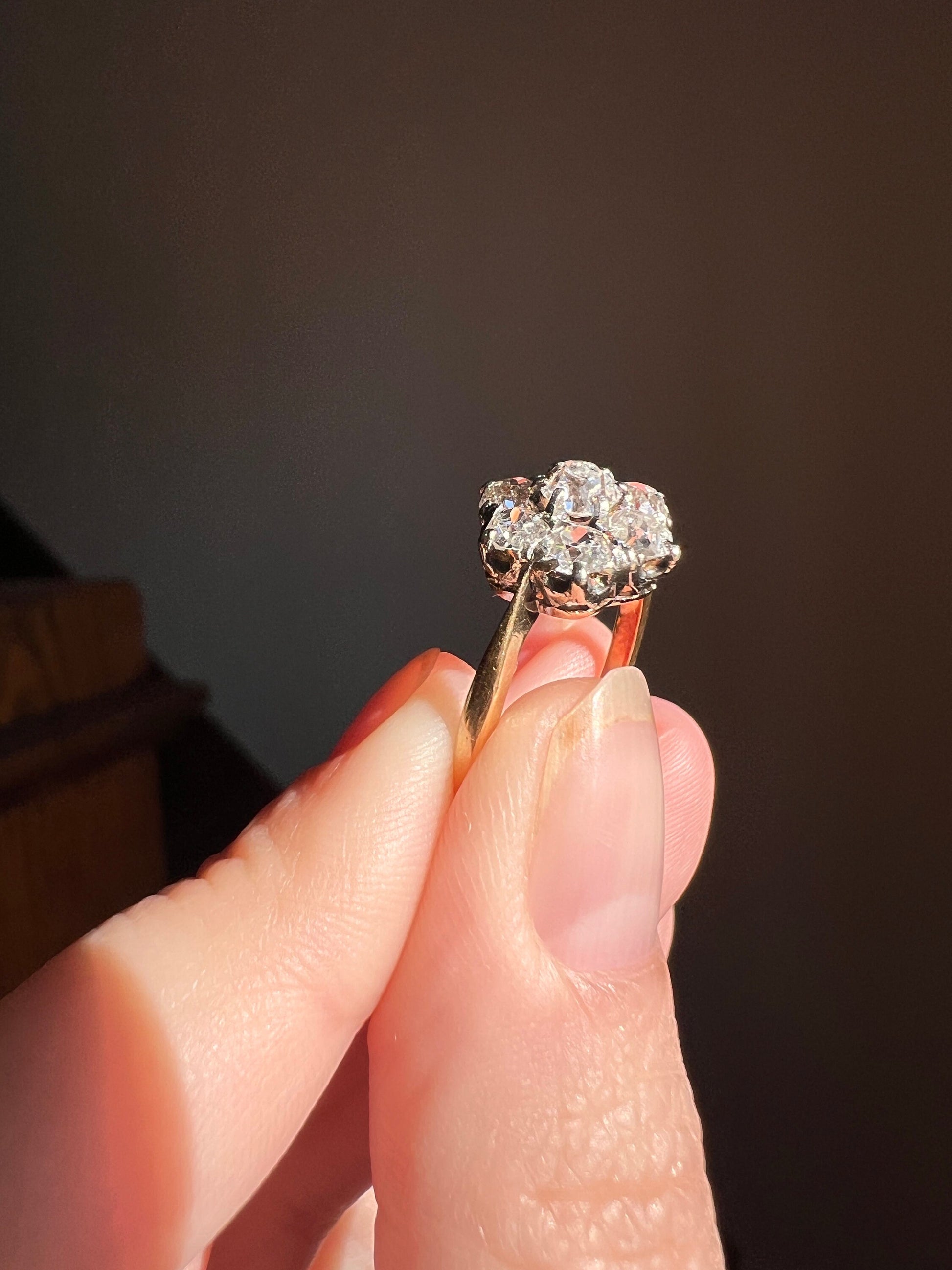 Old Mine Cut DIAMOND 1.5 Carat Daisy Cluster Ring 18k Gold Antique Seven Stone Chunky Stacker Unique Victorian Edwardian Gift OMC Daily Wear