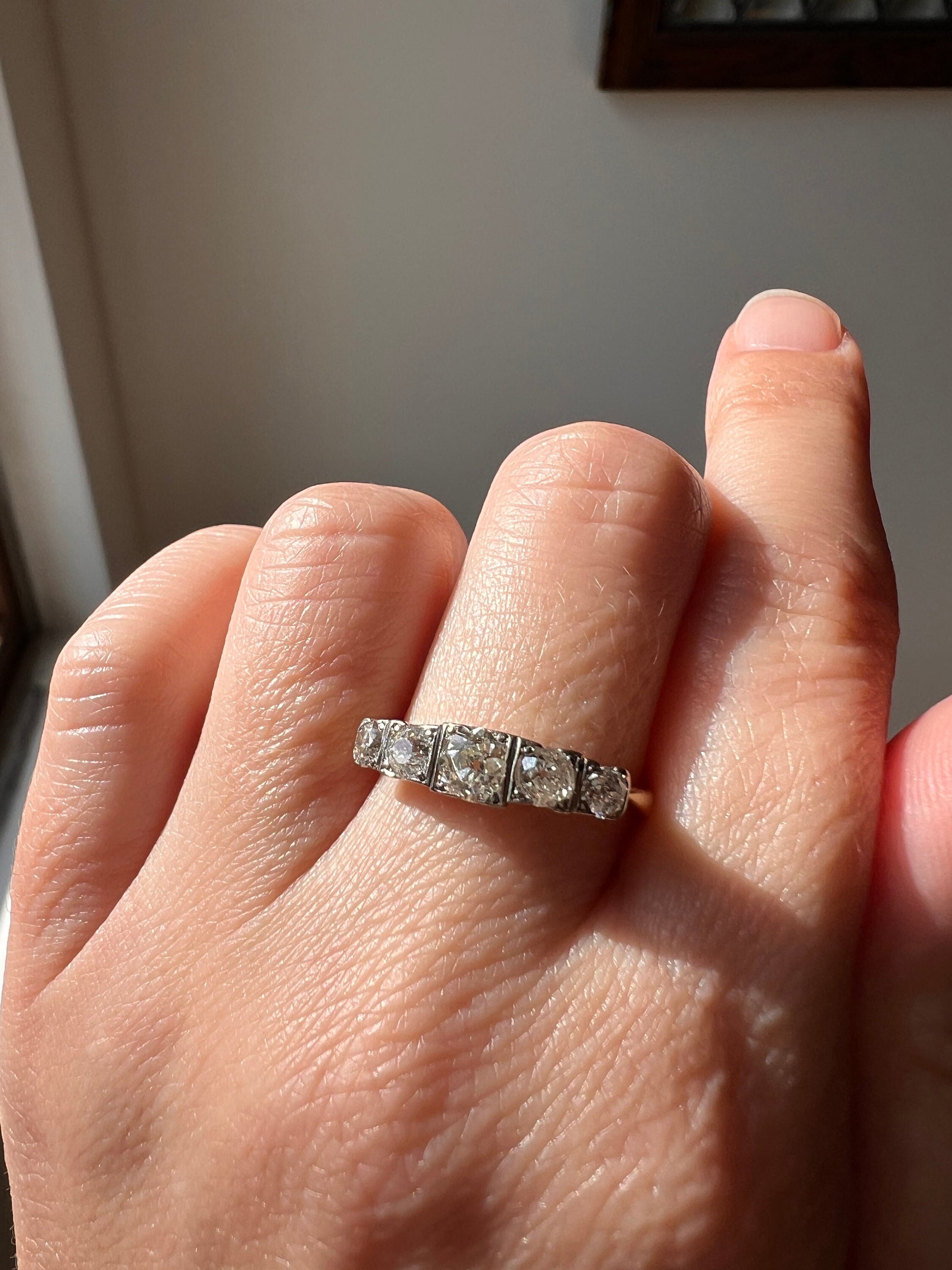 FIVE Stone 0.9 Carat Old Mine Cut DIAMOND Ring Antique 18k Gold Edwardian Victorian Stacker Band Transitional OmC Tall Linear Anniversary