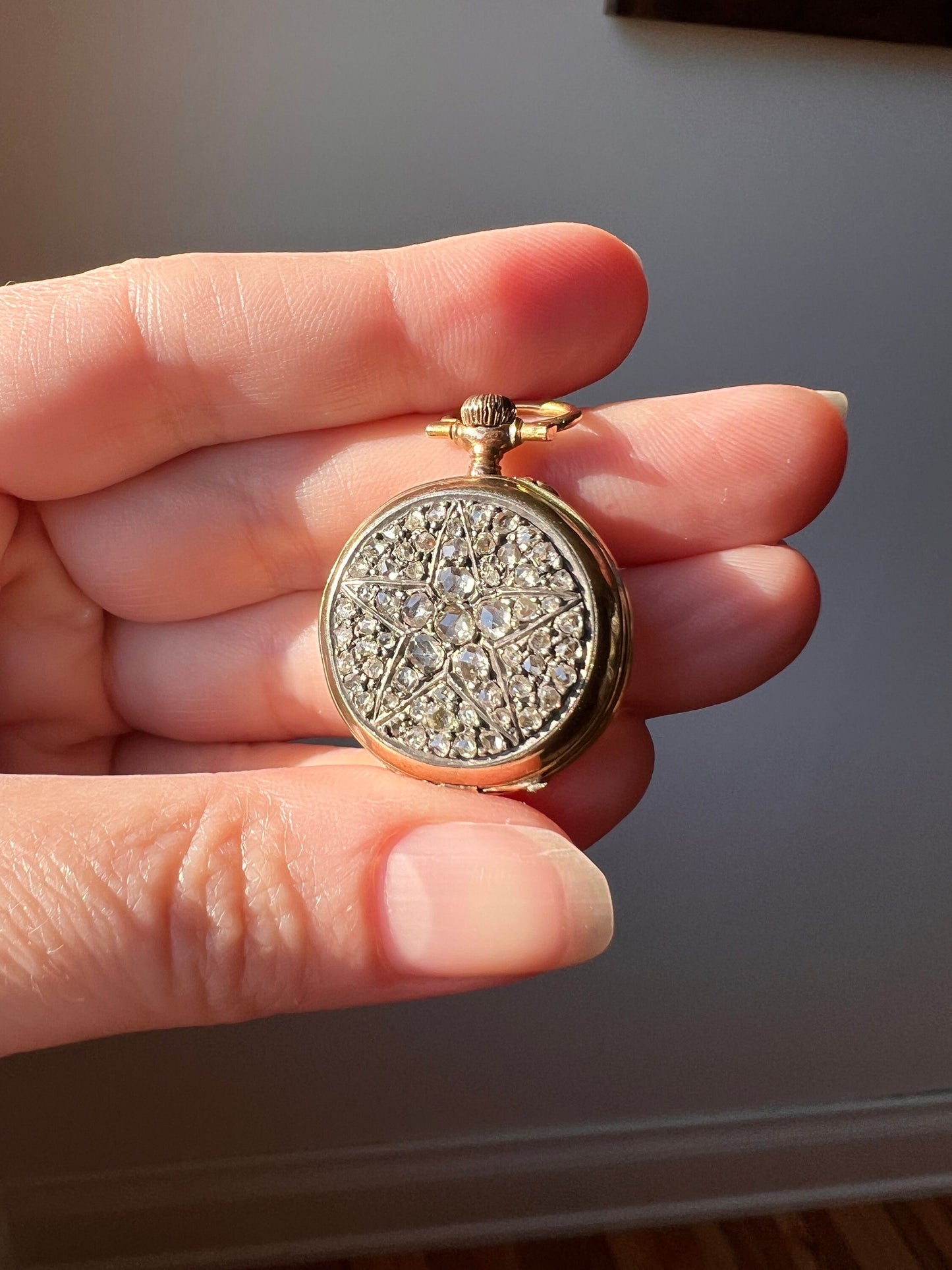 STAR DIAMOND Encrusted 1.7 Carats 61 Chunky Rose Cut Diamond French Antique 18k Gold Pocket Watch Case Pendant Rare Victorian Figural 1.7Ctw