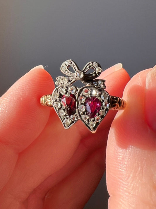 Original Bowed Witch's HEART Victorian ANTIQUE Ring Pink Red Ruby Garnet Rose Cut DIAMOND 14k Gold Figural Double Ornate Romantic Gift Bow