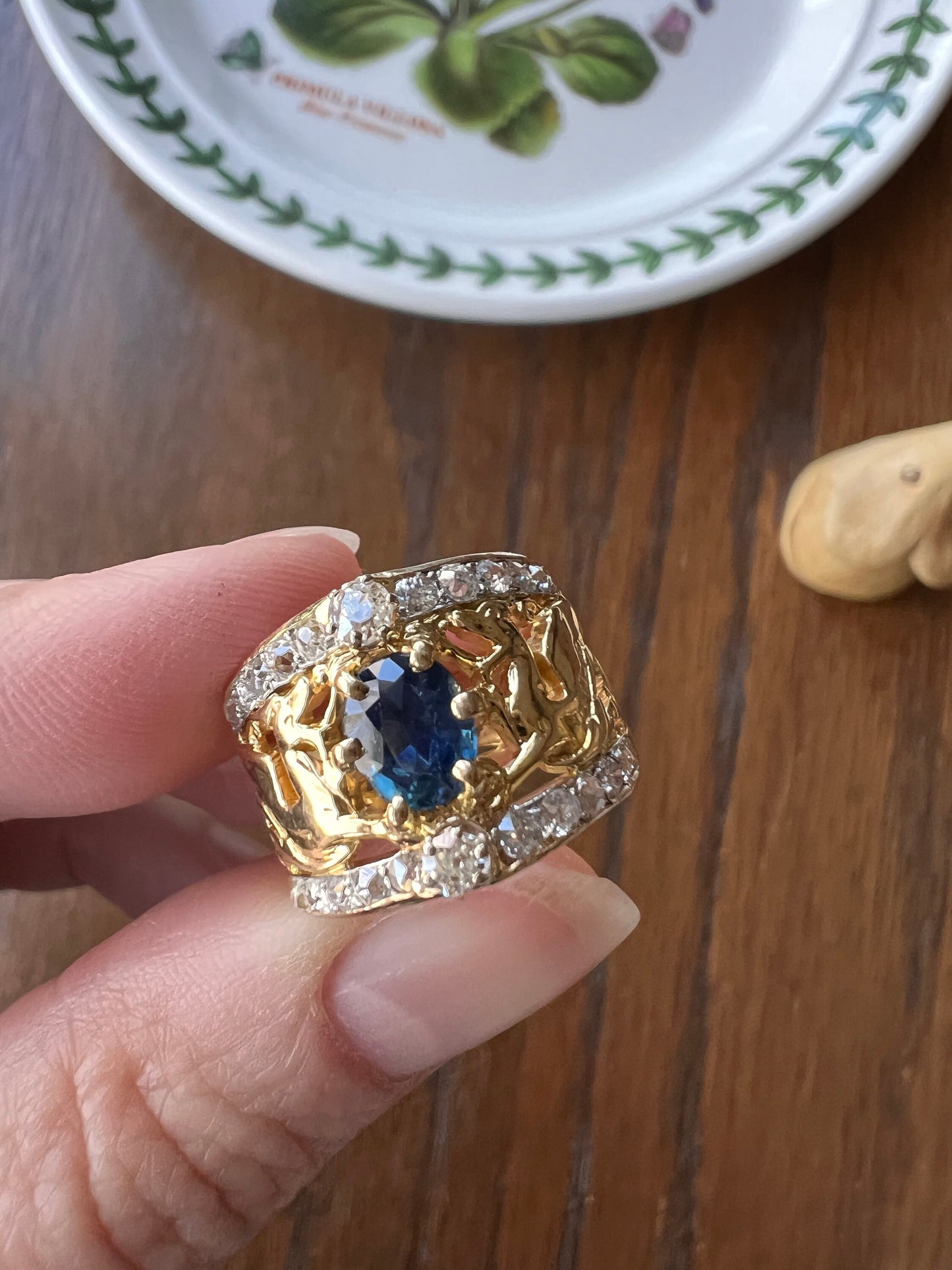 Double DRAGON French Antique Natural Sapphire Old Mine Cut DIAMOND RiNG 18k Gold Gift Victorian Figural Belle Epoque Art Nouveau Wide Band