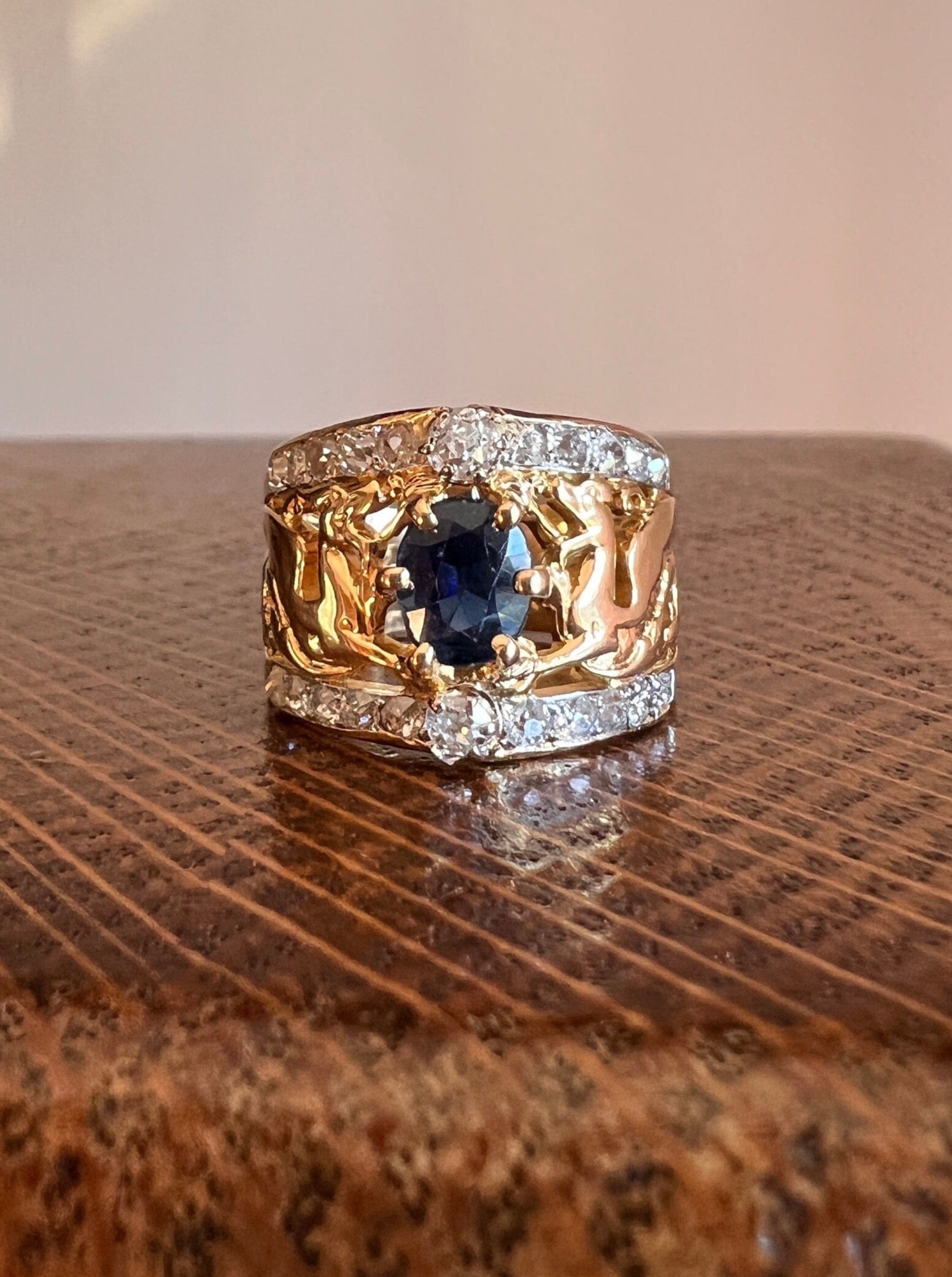 Double DRAGON French Antique Natural Sapphire Old Mine Cut DIAMOND RiNG 18k Gold Gift Victorian Figural Belle Epoque Art Nouveau Wide Band