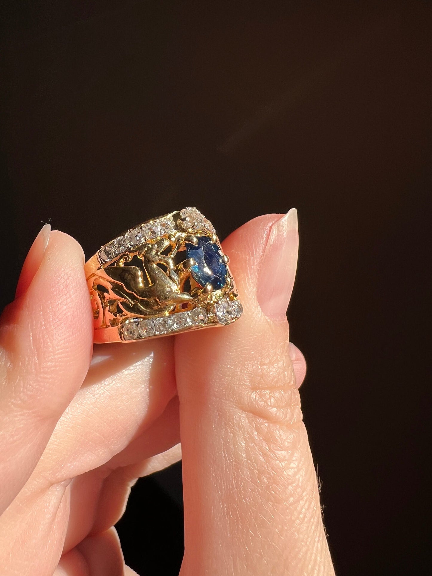 Double DRAGON French Antique Natural Sapphire Old Mine Cut DIAMOND RiNG 18k Gold Gift Victorian Figural Belle Epoque Art Nouveau Wide Band