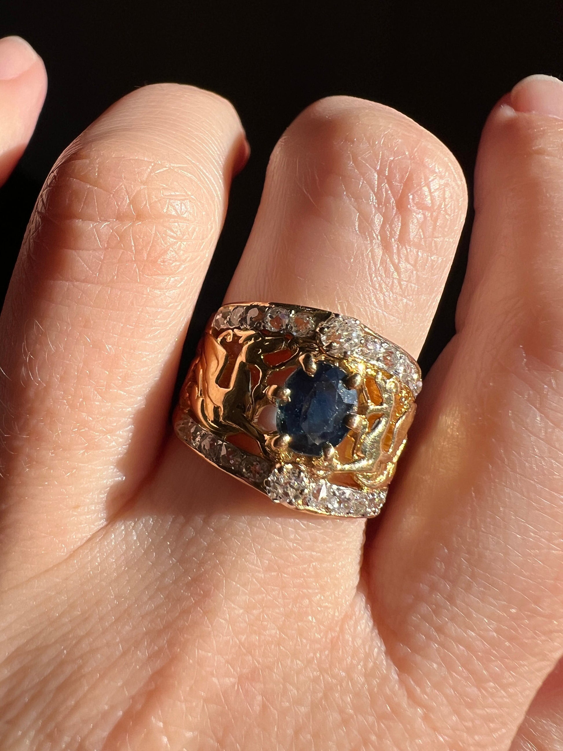 Double DRAGON French Antique Natural Sapphire Old Mine Cut DIAMOND RiNG 18k Gold Gift Victorian Figural Belle Epoque Art Nouveau Wide Band