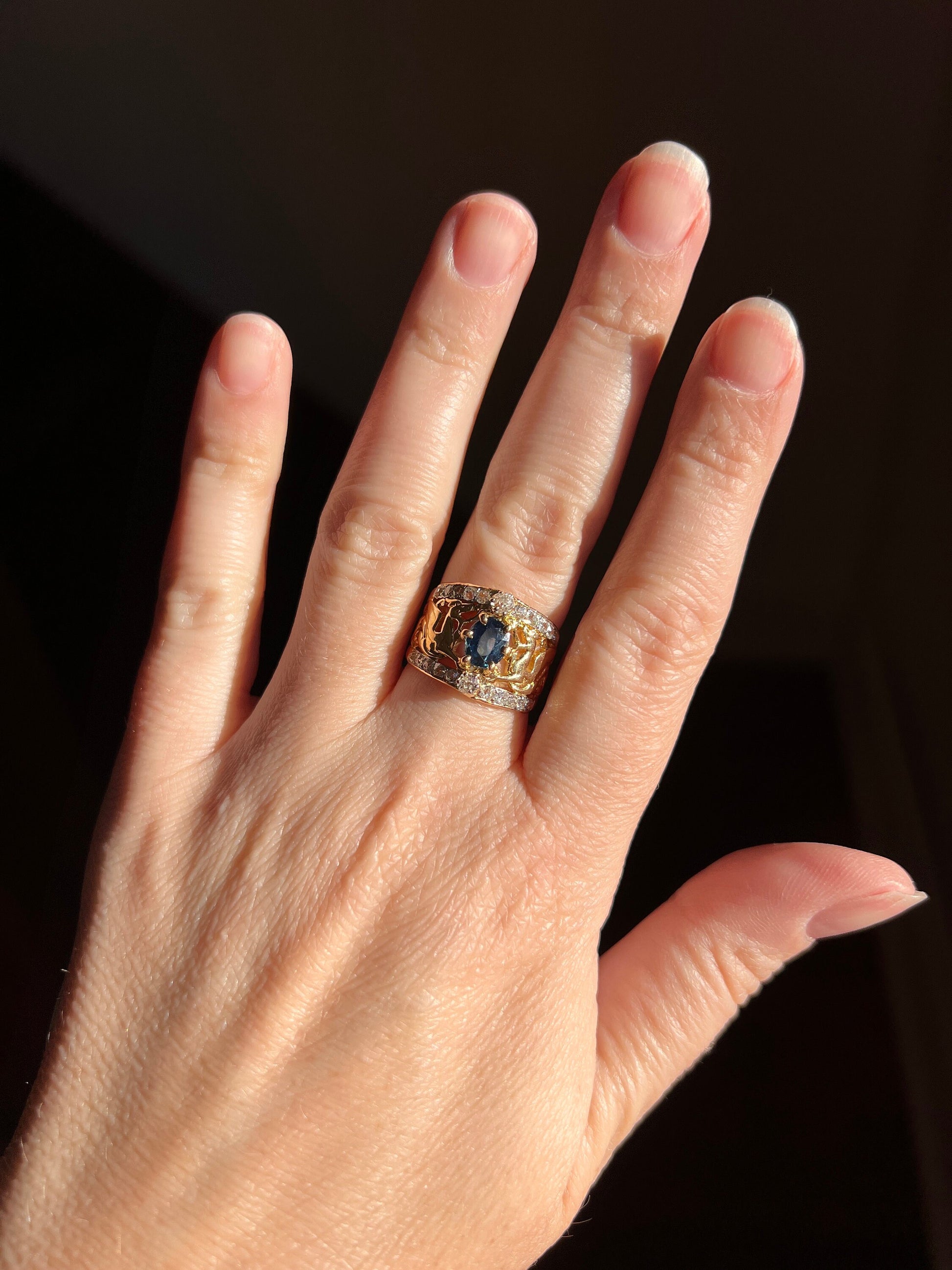 Double DRAGON French Antique Natural Sapphire Old Mine Cut DIAMOND RiNG 18k Gold Gift Victorian Figural Belle Epoque Art Nouveau Wide Band