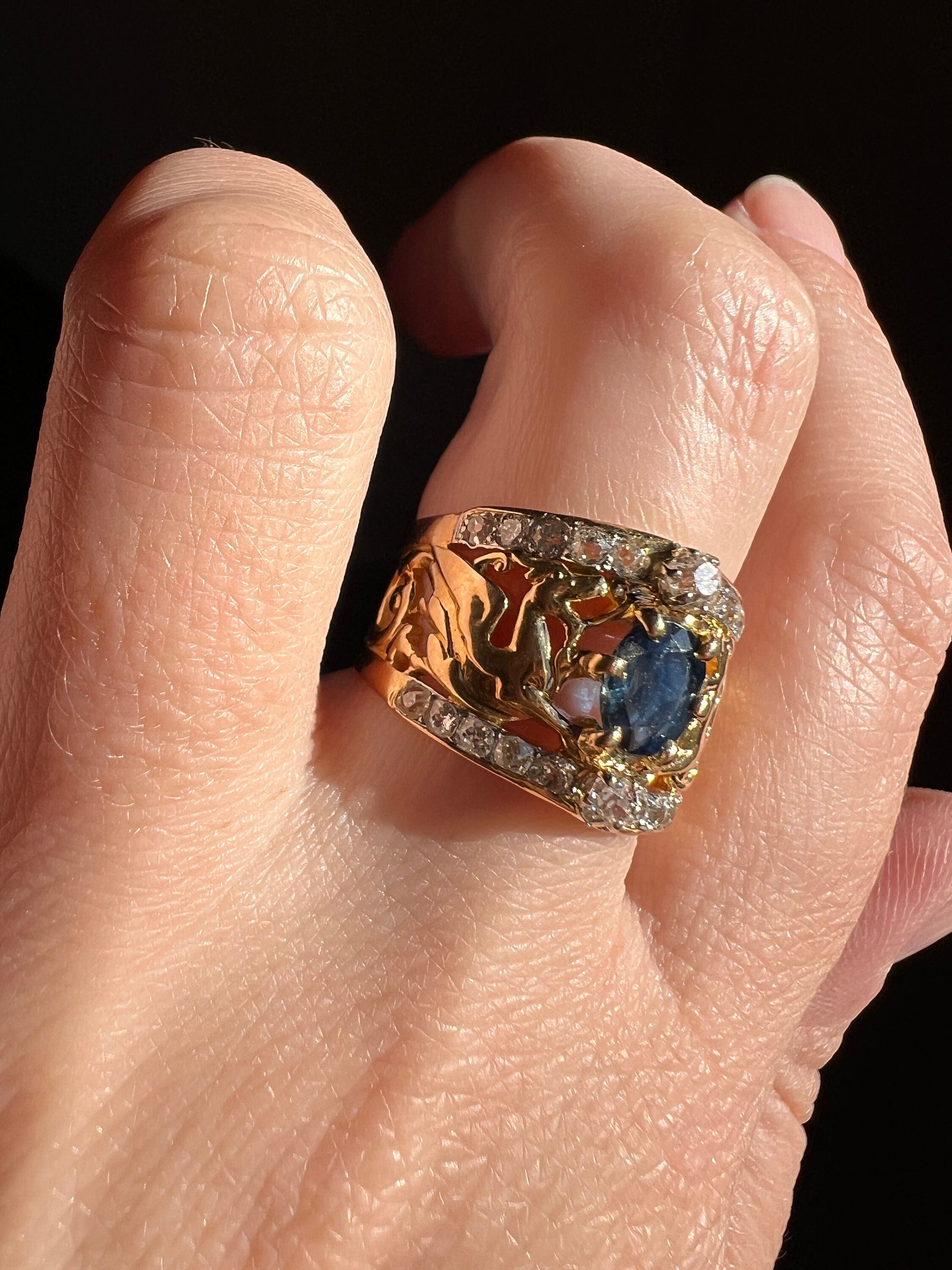 Double DRAGON French Antique Natural Sapphire Old Mine Cut DIAMOND RiNG 18k Gold Gift Victorian Figural Belle Epoque Art Nouveau Wide Band