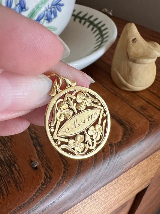 DATED March 1922 CLOVER French Art Nouveau Antique 18k Gold Good Luck Charm Pendant Love Medal Neckmess Neckstack Engraved Lucky Ornate