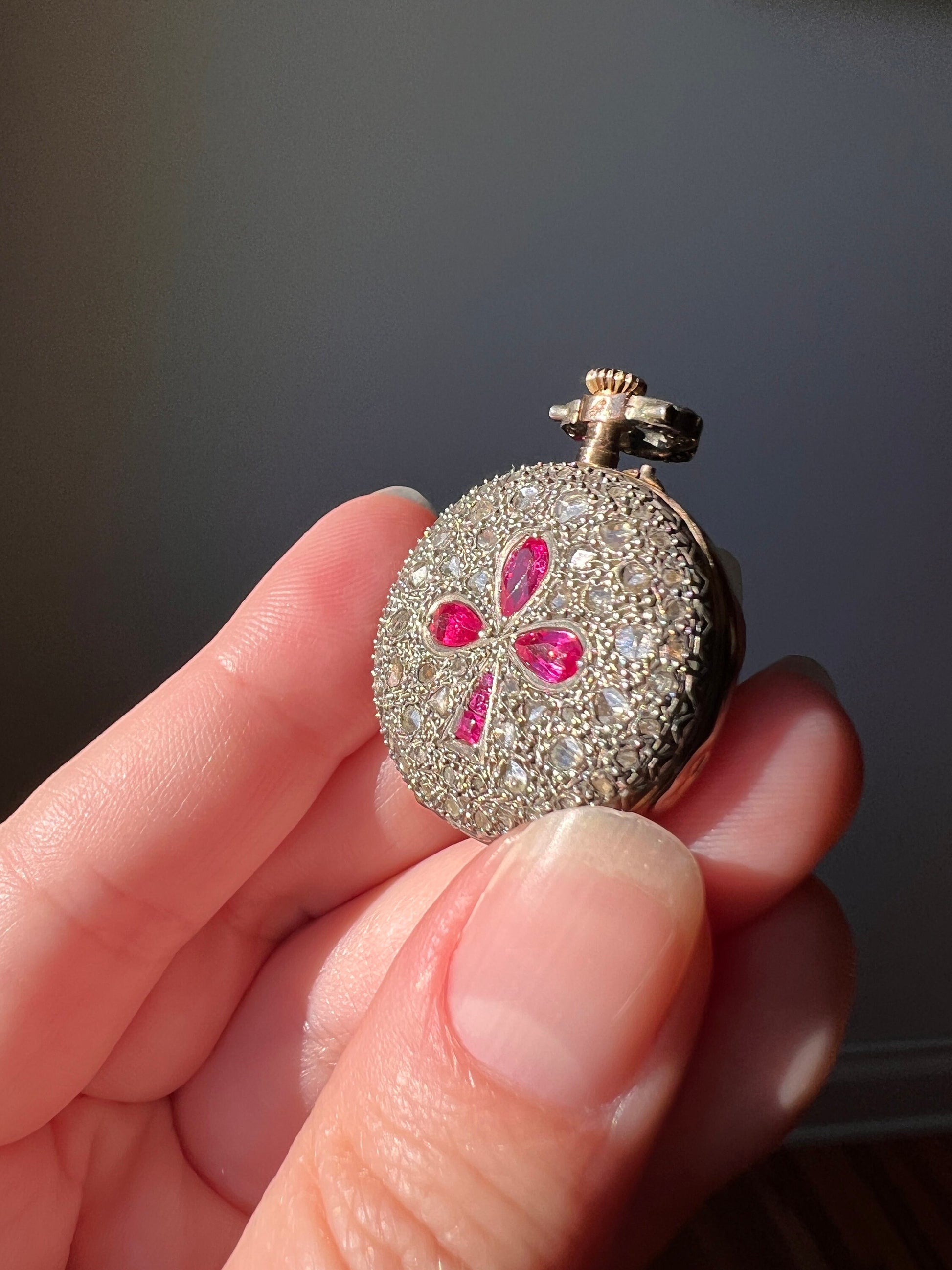 CLOVER Pink Ruby Rose Cut DIAMOND Encrusted French Antique 18k Gold Silver Pocket Watch Case Pendant Rare Victorian Figural Good Luck Gift
