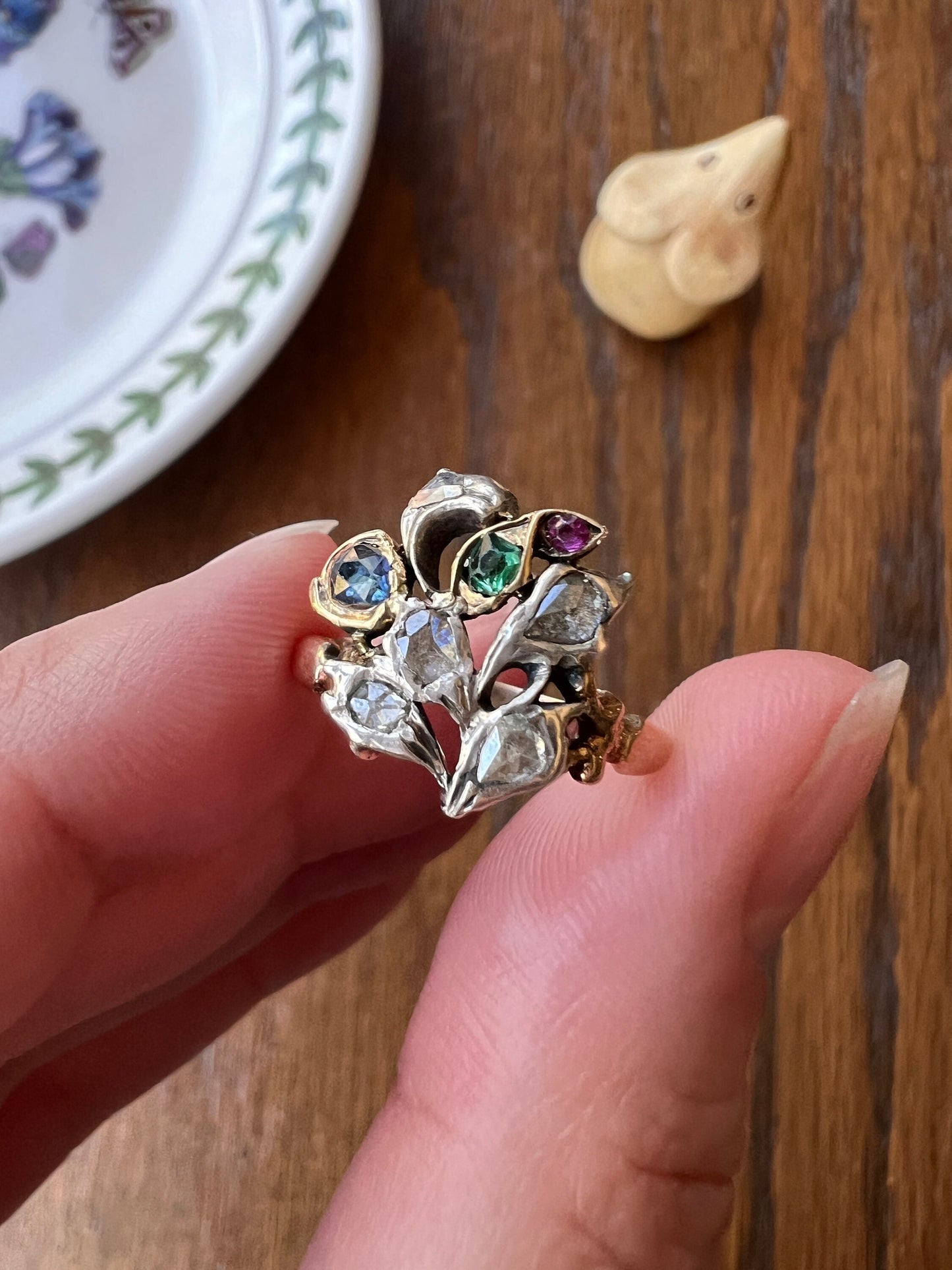 GIARDINETTI Antique Floral Bouquet Ring Ruby Emerald Rose Cut Diamond Romantic Gift Ornate Figural Georgian to Victorian Multi Color Gemset