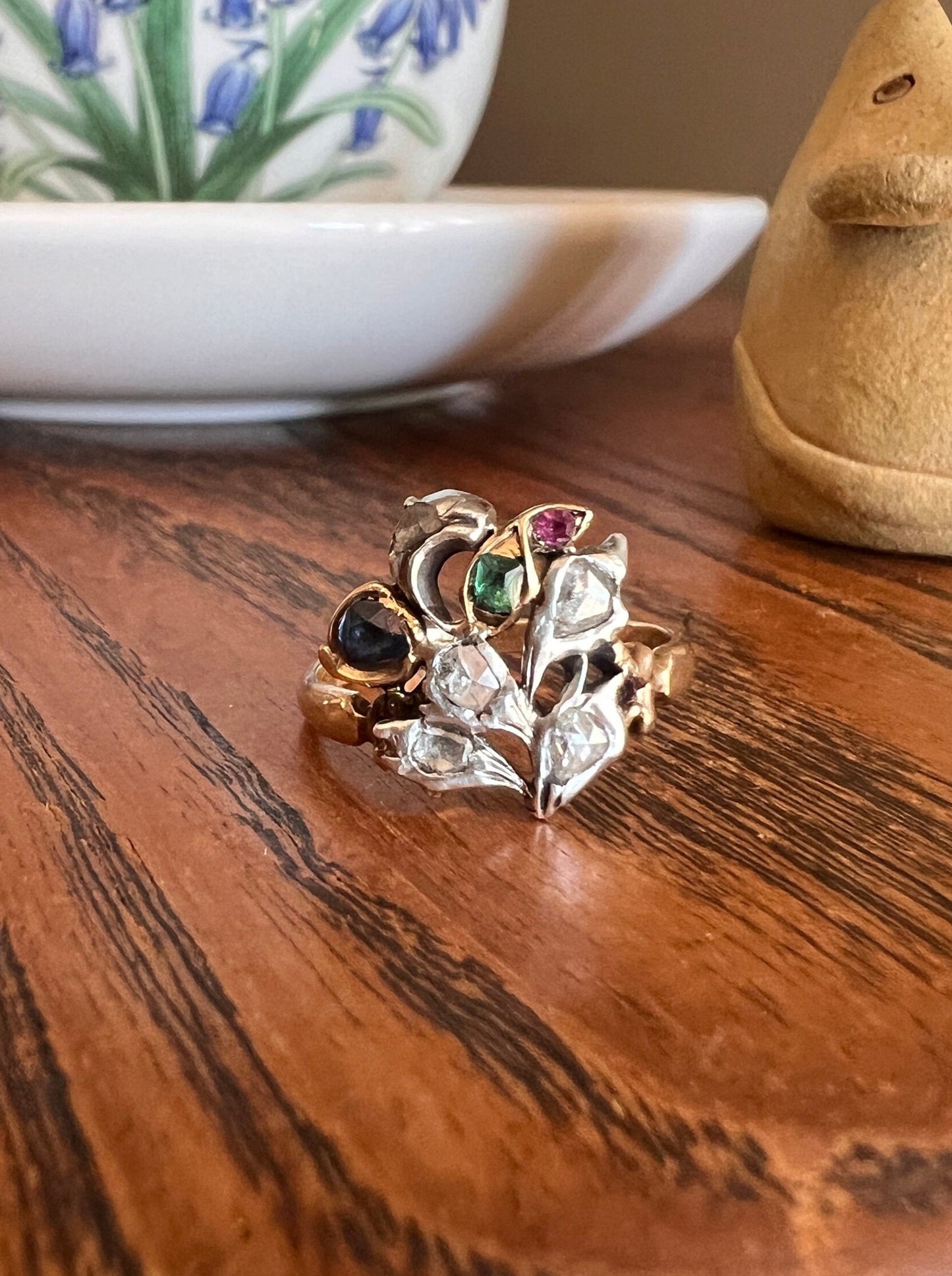 GIARDINETTI Antique Floral Bouquet Ring Ruby Emerald Rose Cut Diamond Romantic Gift Ornate Figural Georgian to Victorian Multi Color Gemset