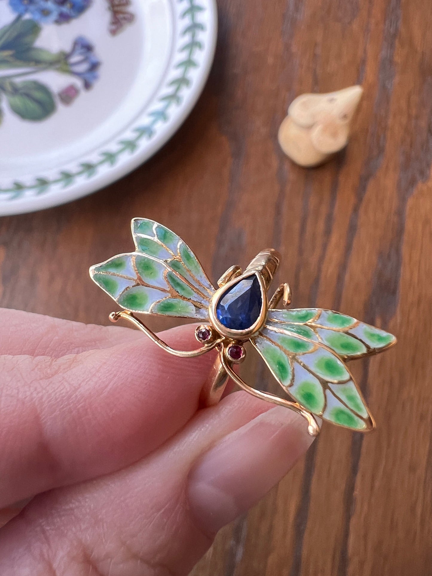 DRAGONFLY Plique A Jour Green White Enamel Blue SAPPHIRE Ruby Eyes French Vintage 18k Gold Figural Whimsical Detail Unique Gift 1.1 Inch