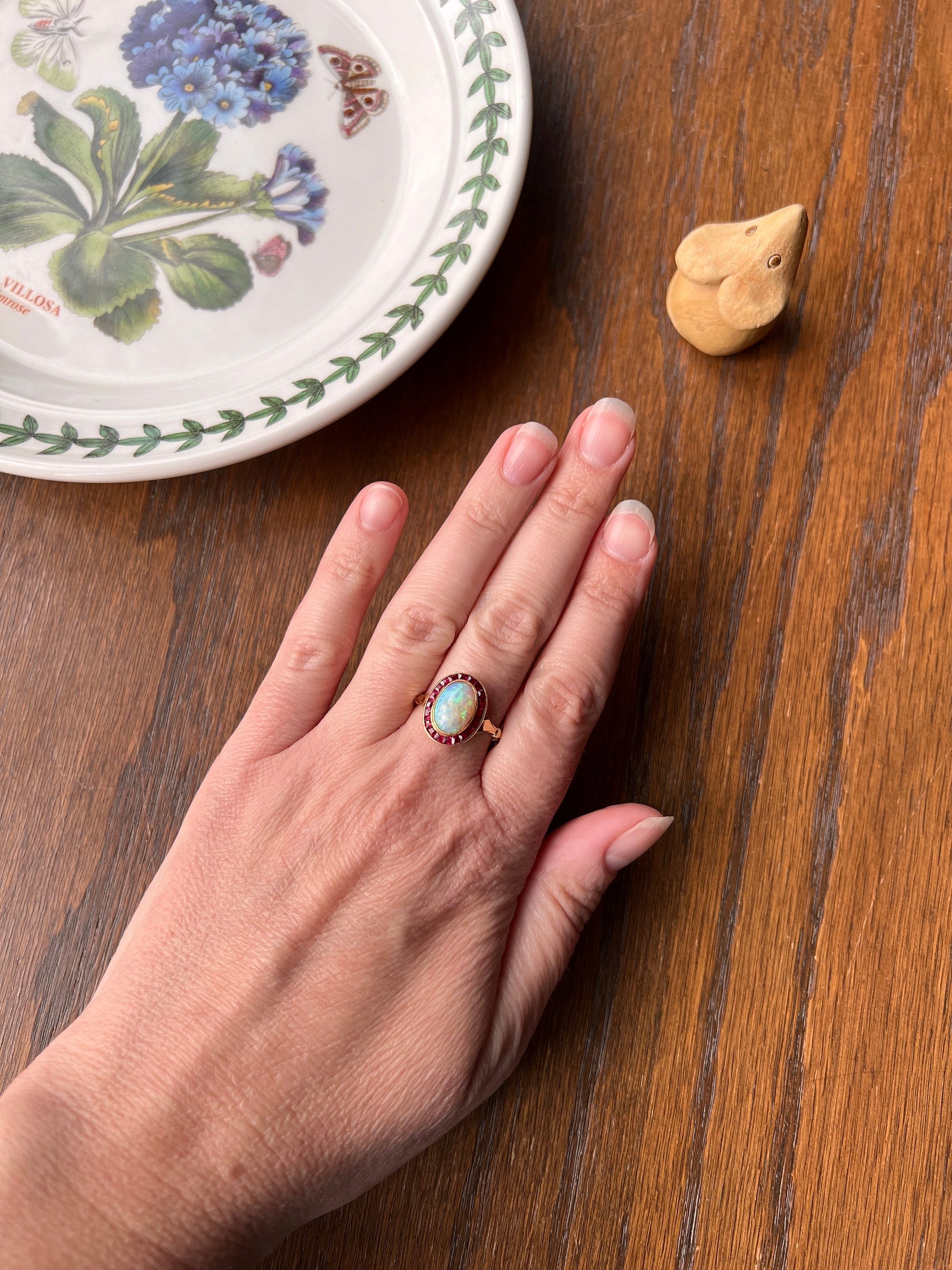 BLUE Opal Carre Cut RUBY HALO Ring French Antique 18k Gold Geometric Bullseye Target Pink Red Romantic Gift Victorian Belle Epoque