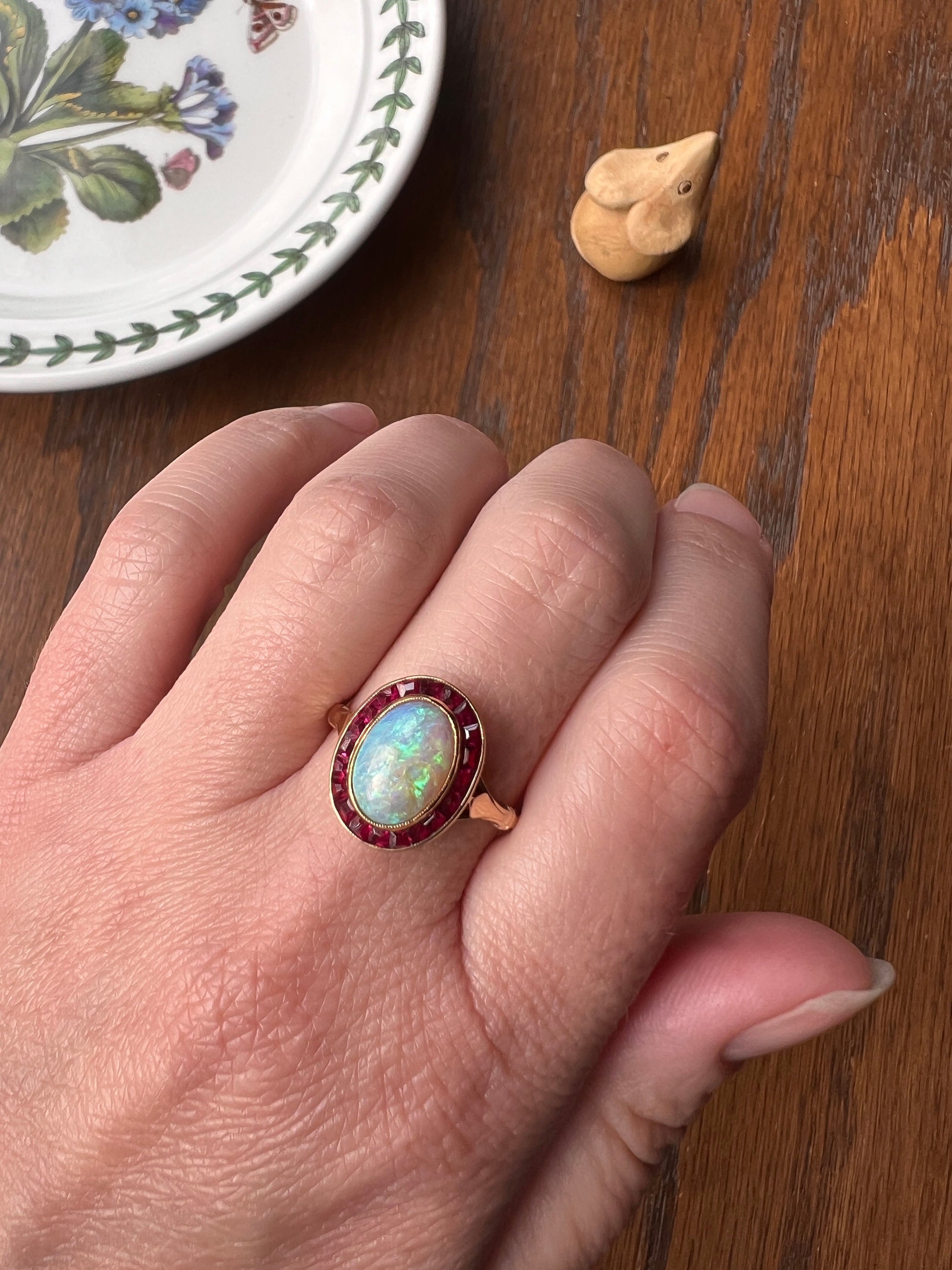 BLUE Opal Carre Cut RUBY HALO Ring French Antique 18k Gold Geometric Bullseye Target Pink Red Romantic Gift Victorian Belle Epoque