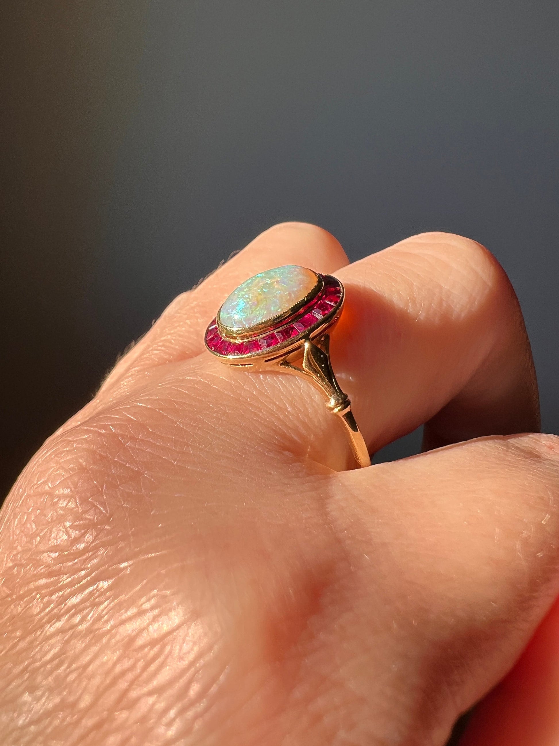 BLUE Opal Carre Cut RUBY HALO Ring French Antique 18k Gold Geometric Bullseye Target Pink Red Romantic Gift Victorian Belle Epoque