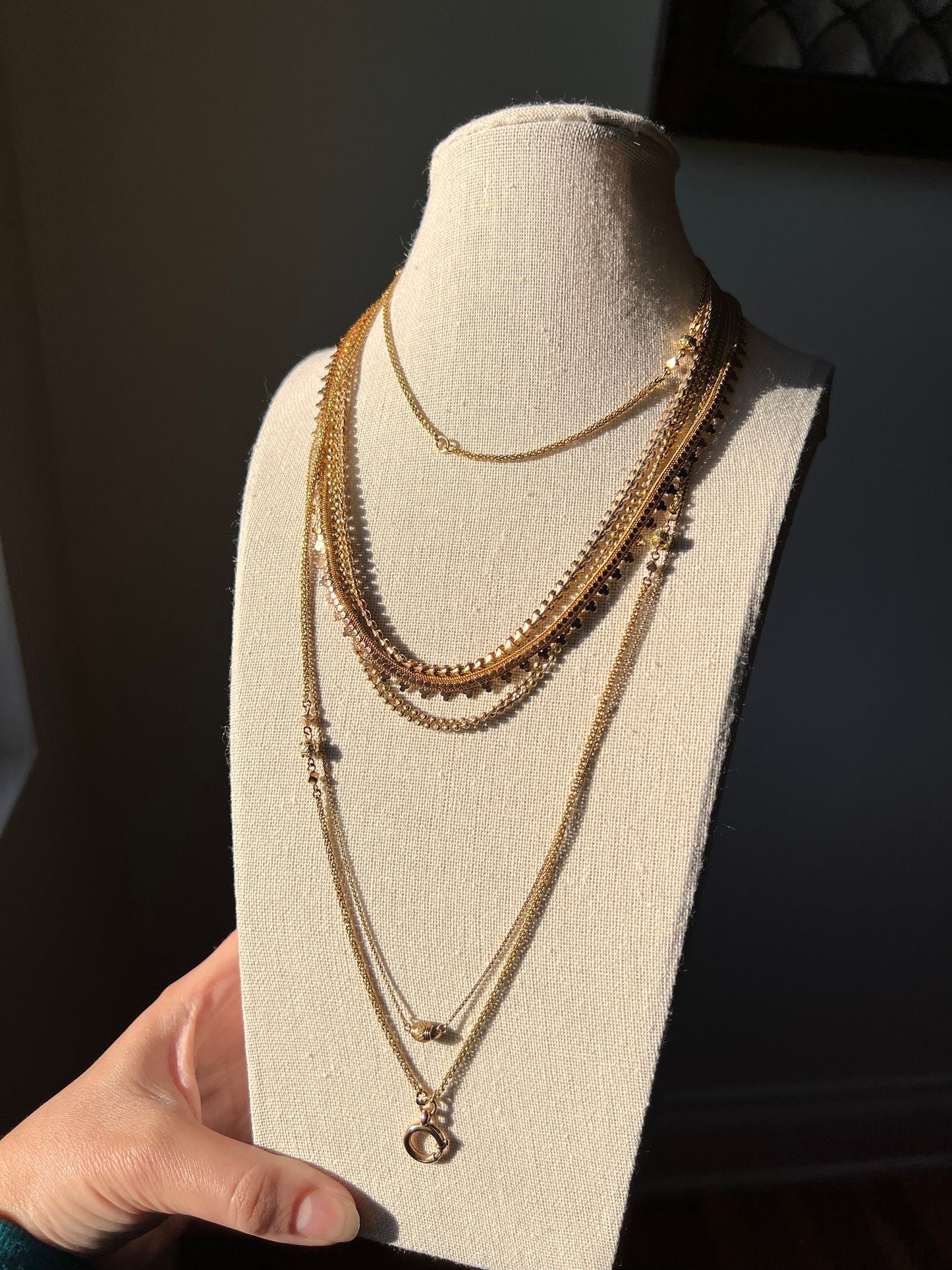 French Vintage Mini Bead 18k Gold Starburst Faceted Pearls 17 1/2" Double Strand Chain Necklace Solid Ball Rivet 14.2g Two Tone Shimmer Glow