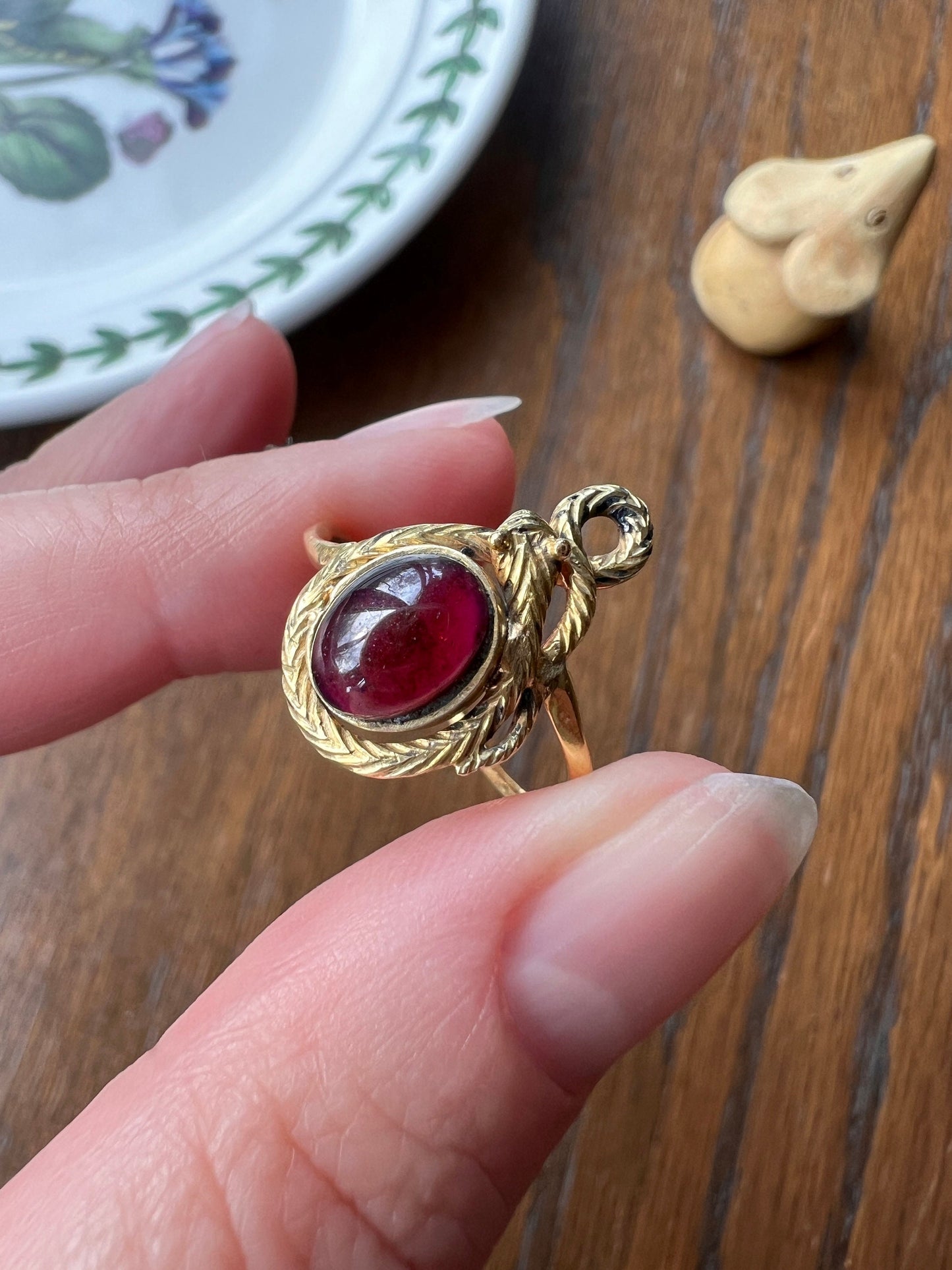 SNAKE Coiled Cabochon GARNET Ring 14k Figural 18k Gold Shank Juicy Glow Purple Victorian Stacker Eternal Love Romantic Gift Engraved Scales