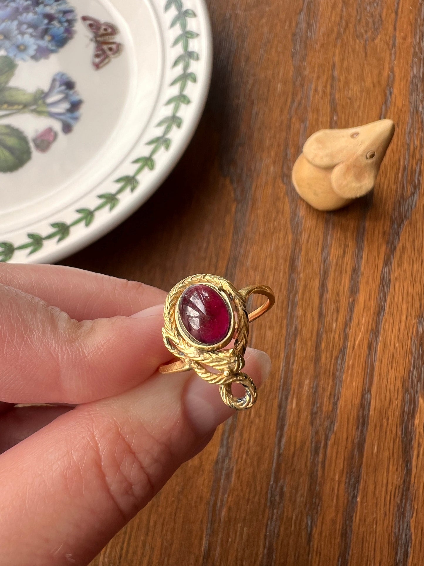 SNAKE Coiled Cabochon GARNET Ring 14k Figural 18k Gold Shank Juicy Glow Purple Victorian Stacker Eternal Love Romantic Gift Engraved Scales