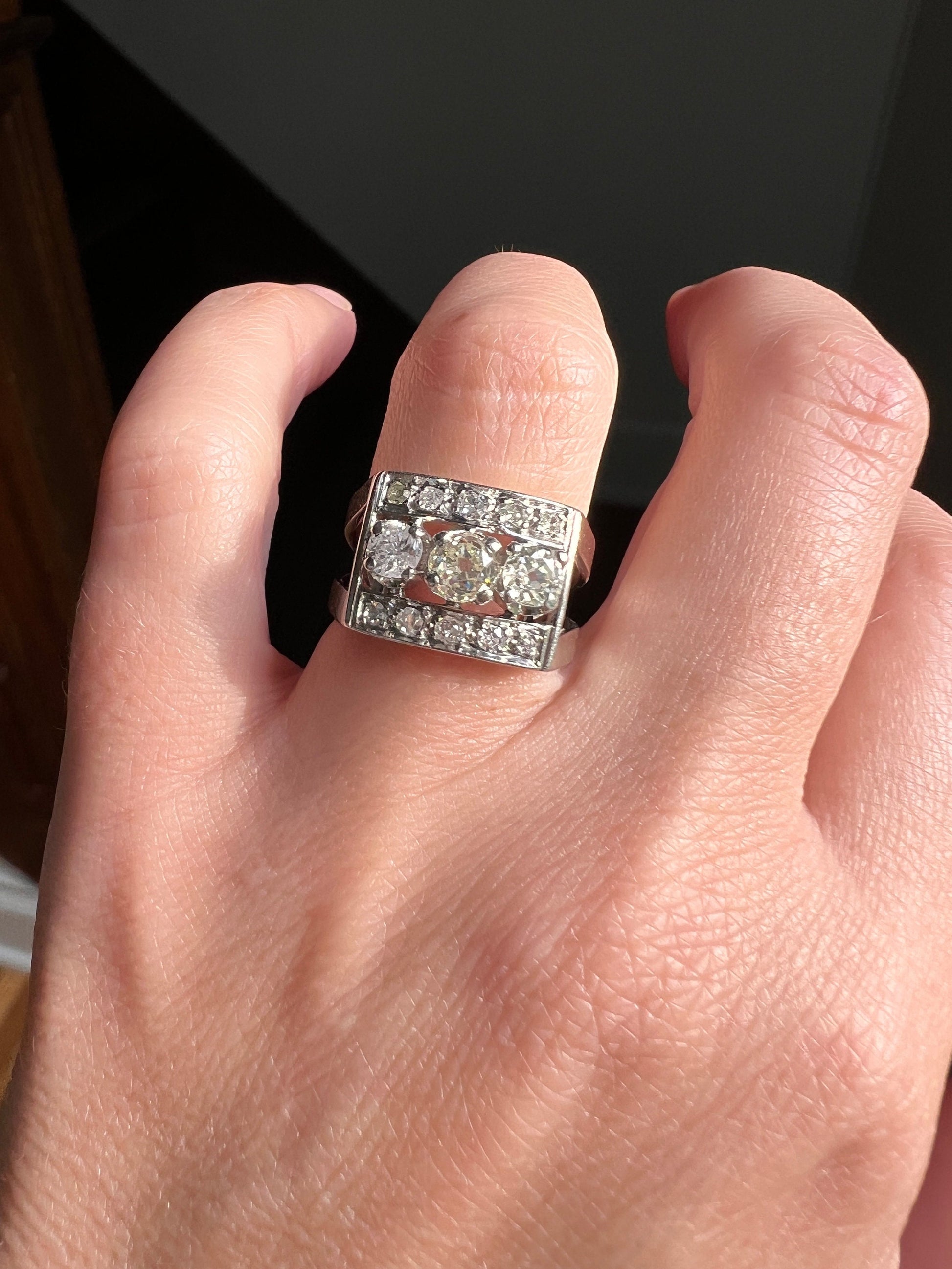 French Antique .85 Carat Old Mine Cut DIAMOND Linear Tank Ring 18k White Gold Romantic Gift Chunky Belle Epoque Geometric Rectangular .85Ctw