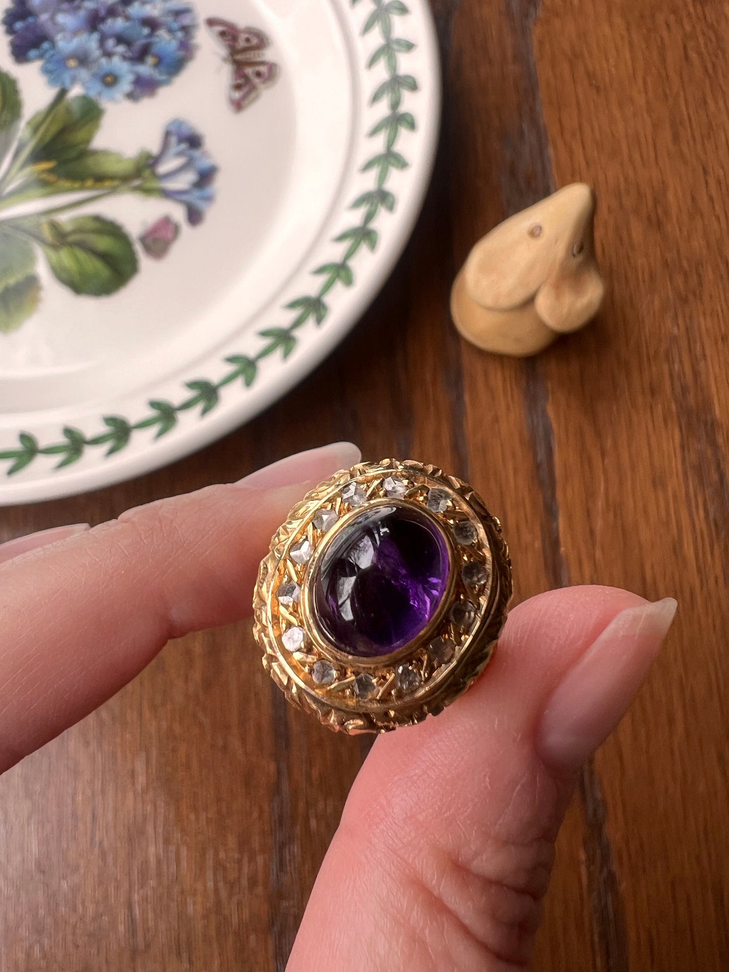 Heavy Vintage to Antique LOCKET Poison Ring Glowing Amethyst Top OPENS 18k Gold Purple Floral Rose Cut DIAMOND Halo Forget Me Not Sweet Gift