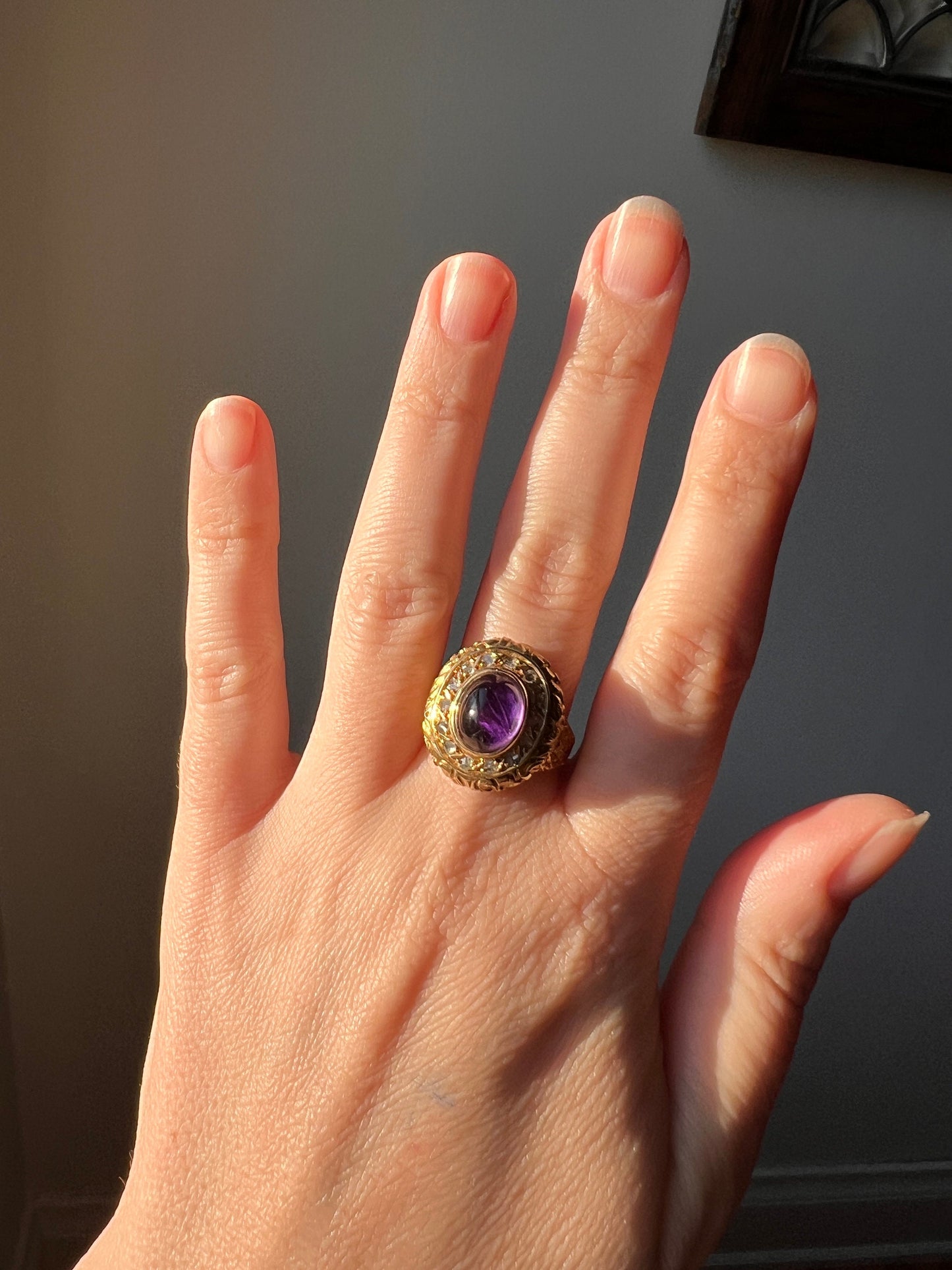 Heavy Vintage to Antique LOCKET Poison Ring Glowing Amethyst Top OPENS 18k Gold Purple Floral Rose Cut DIAMOND Halo Forget Me Not Sweet Gift