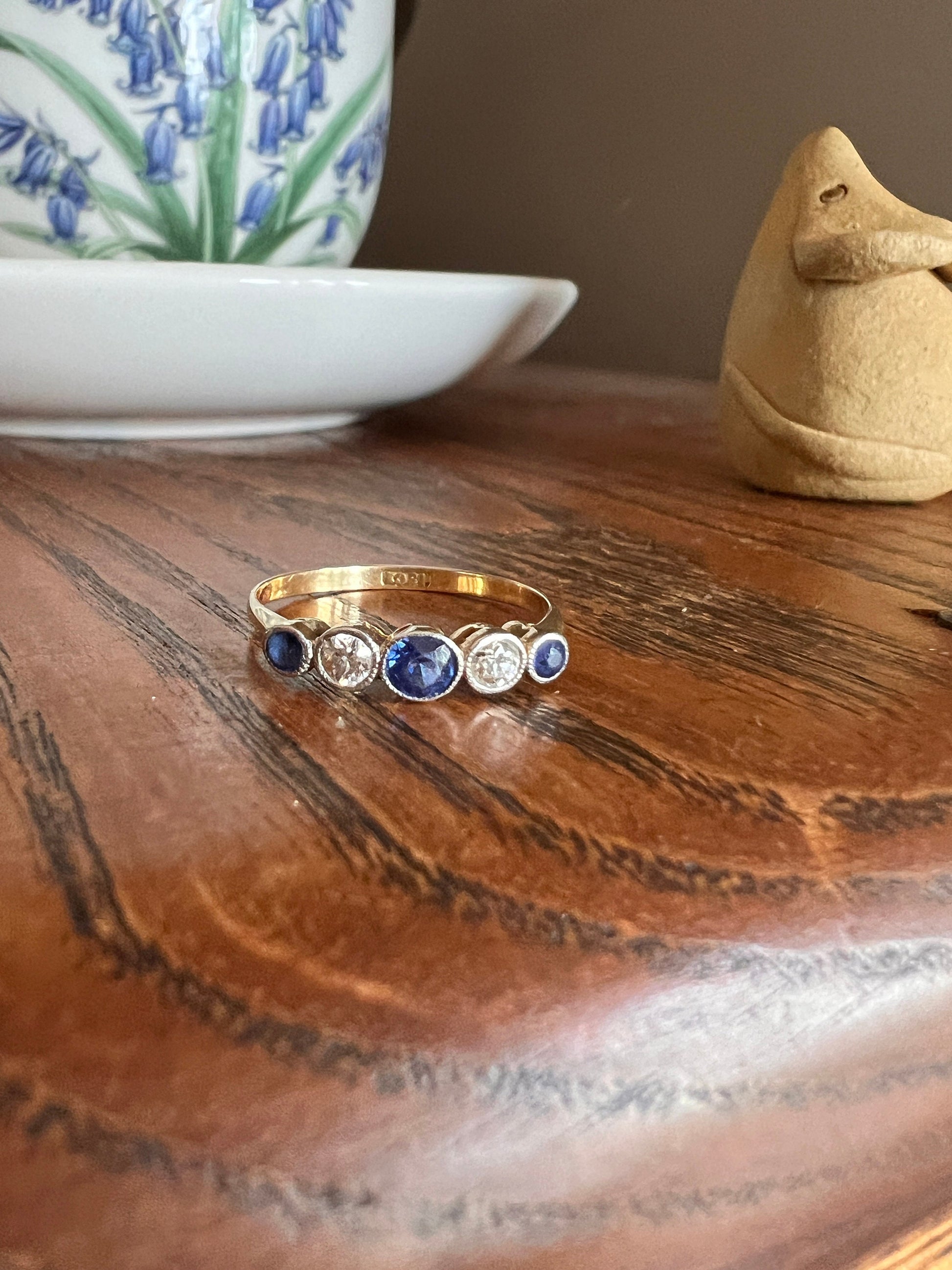 Antique 18k Gold Five Stone Stacker Ring SAPPHIRE Transitional Cut DIAMOND Alternating Row Ring Skinny Band Linear Two Tone Blue Unique Gift