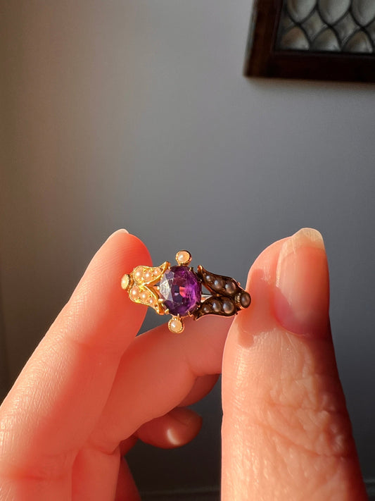 TULIPS Pearl Purple AMETHYST Sweet VICTORIAN Antique Ring Floral 18k Gold Romantic Gift Figural Stacker Band Flower