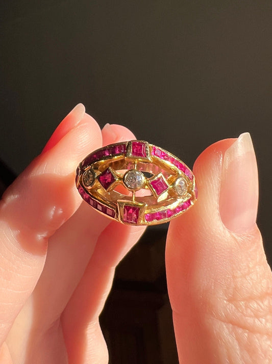 Domed Old Mine Cut DIAMOND Carre Cut RUBY Halo French Antique Ring 18k Gold Geometric Stacker Marquise Square Edwardian Art Deco Tall Gift