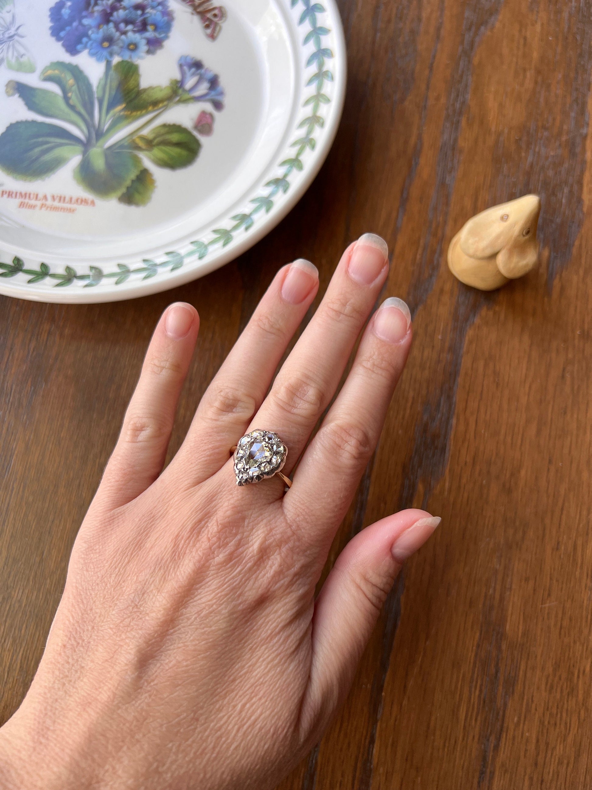 Large PEAR French Antique Georgian Victorian 1.5Ctw + Rose Cut DIAMOND Cluster Ring Halo 18k Gold Silver Stacker Romantic Gift XL Bauble ook