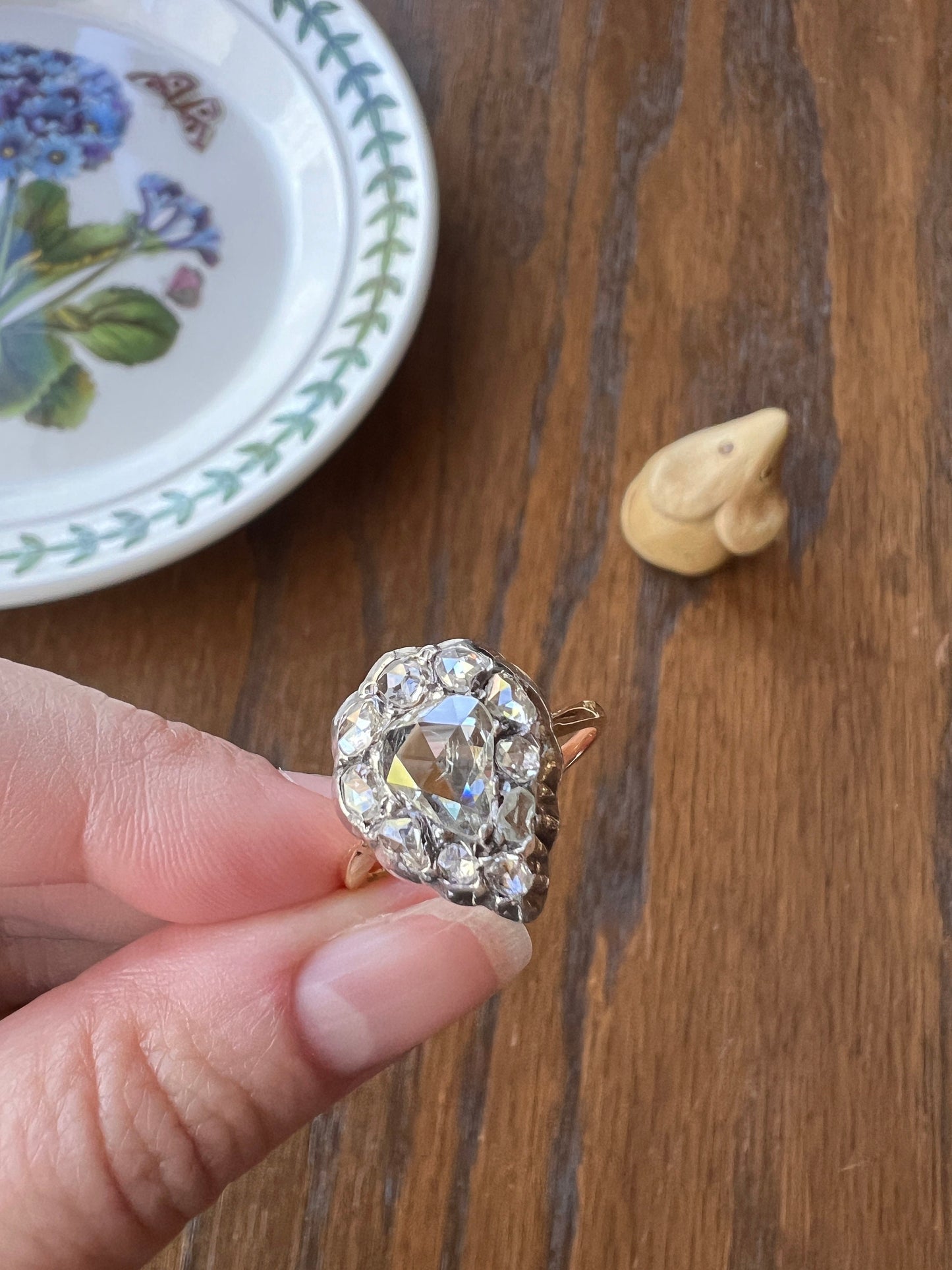 Large PEAR French Antique Georgian Victorian 1.5Ctw + Rose Cut DIAMOND Cluster Ring Halo 18k Gold Silver Stacker Romantic Gift XL Bauble ook