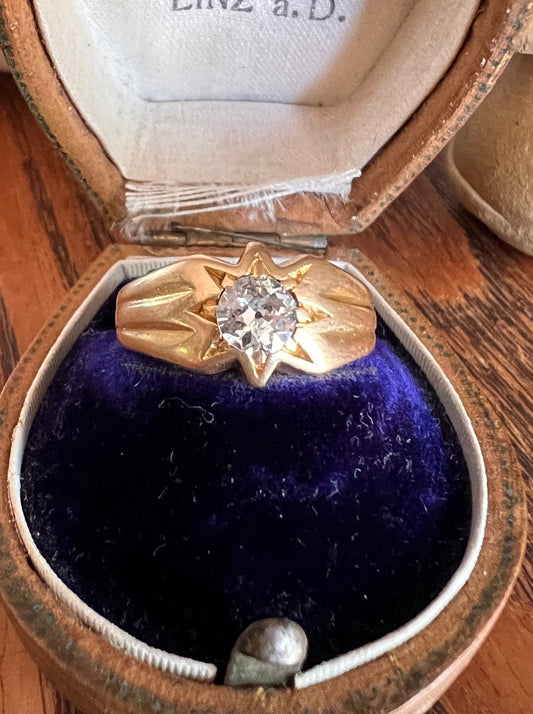 STAR Bezel Gypsy Band 1/2 Carat Old Mine Cut DIAMOND Ring 18k Gold Starburst Stacker Gift Figural Bezel Setting Buttery Unisex OMC 0.5Ctw