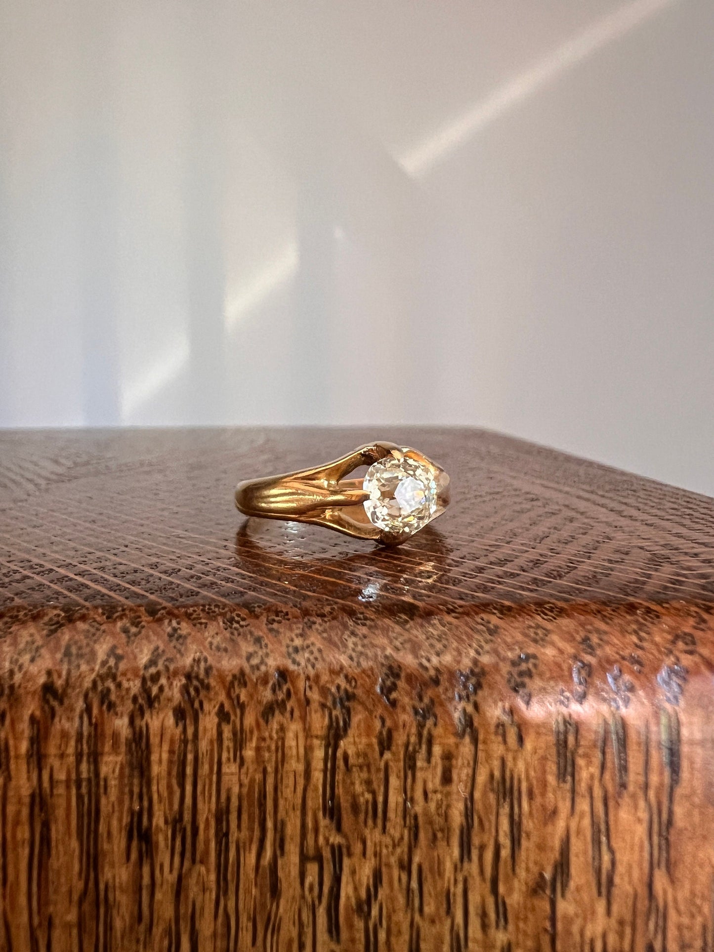 Chunky .9 Carat Old Mine Cut Diamond Pale Yellow Gypsy Band Glowing 18k Gold Ring Stacker Gift Figural Bezel Setting Buttery Unisex OMC