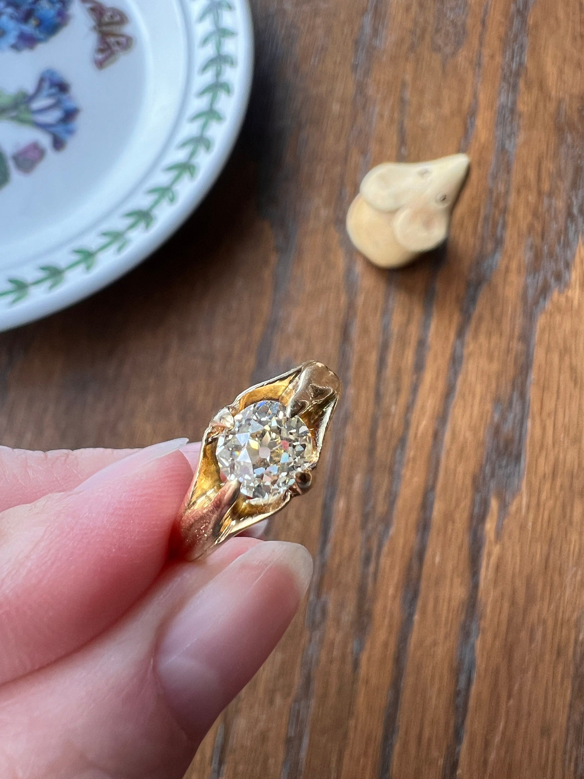 Chunky .9 Carat Old Mine Cut Diamond Pale Yellow Gypsy Band Glowing 18k Gold Ring Stacker Gift Figural Bezel Setting Buttery Unisex OMC