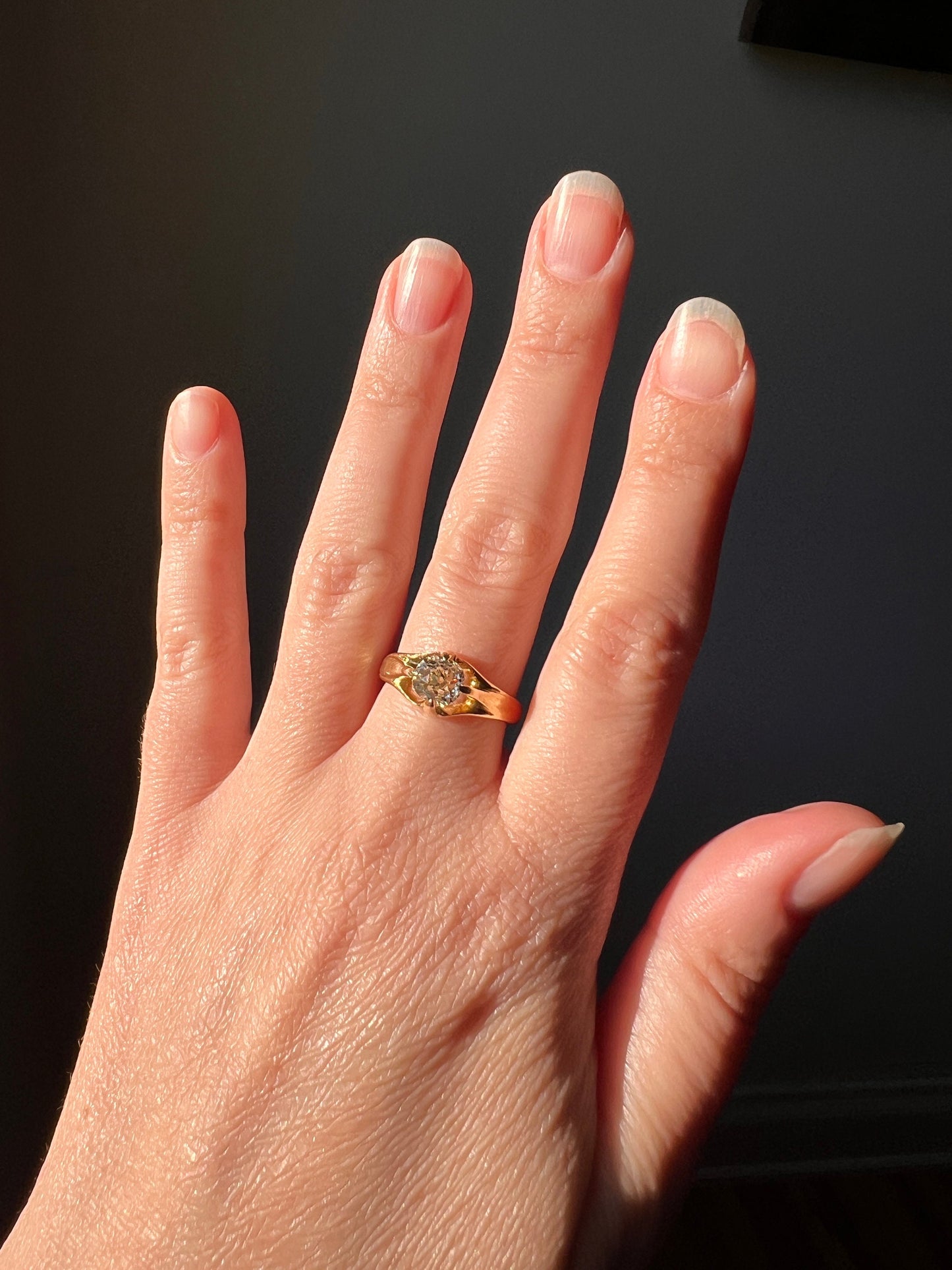 Chunky .9 Carat Old Mine Cut Diamond Pale Yellow Gypsy Band Glowing 18k Gold Ring Stacker Gift Figural Bezel Setting Buttery Unisex OMC