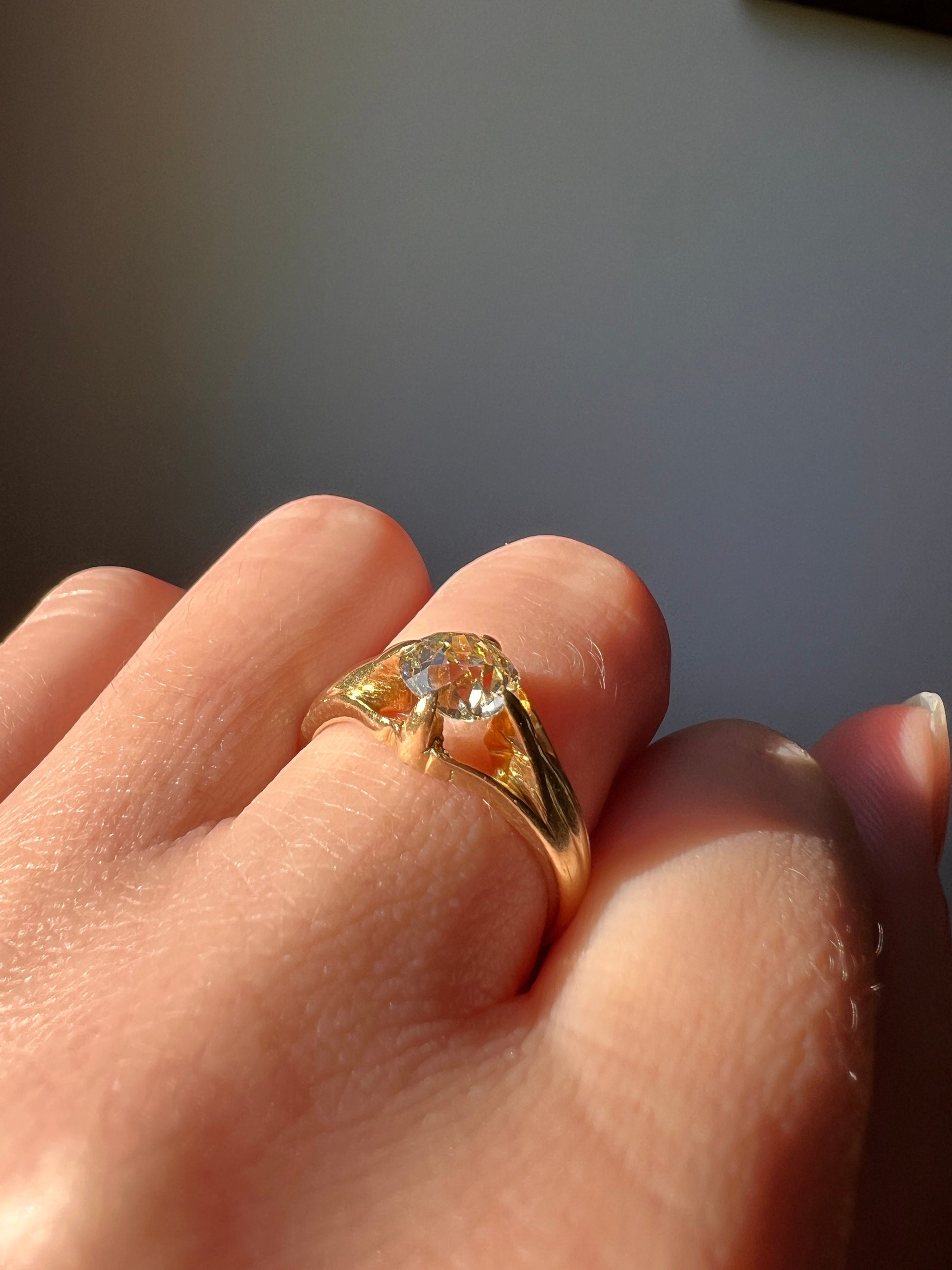 Chunky .9 Carat Old Mine Cut Diamond Pale Yellow Gypsy Band Glowing 18k Gold Ring Stacker Gift Figural Bezel Setting Buttery Unisex OMC